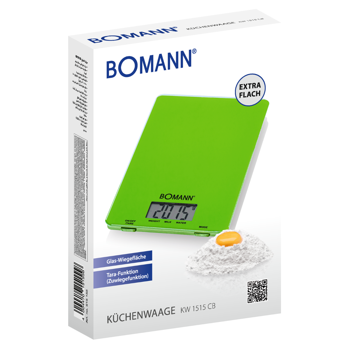 Zielona waga kuchenna z mąką, jajkiem i instrukcją na pudełku.