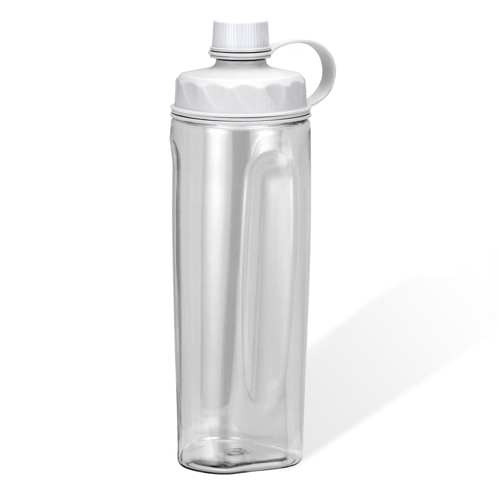 Una botella de agua transparente y rectangular con tapa y asa blancas.