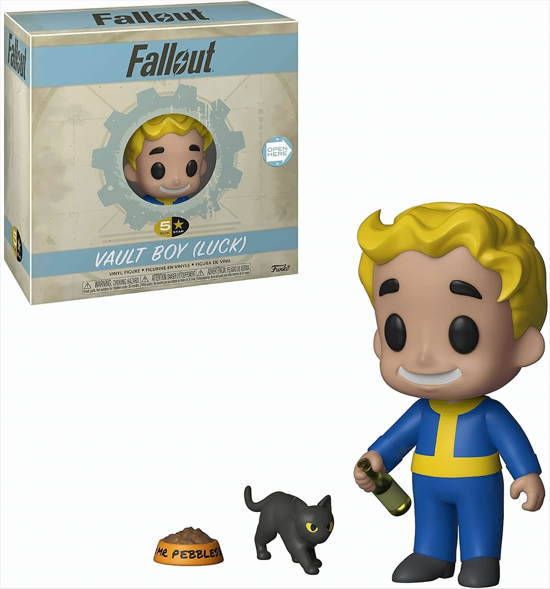 Figura di Fallout Vault Boy con scatola, gatto e ciotola.