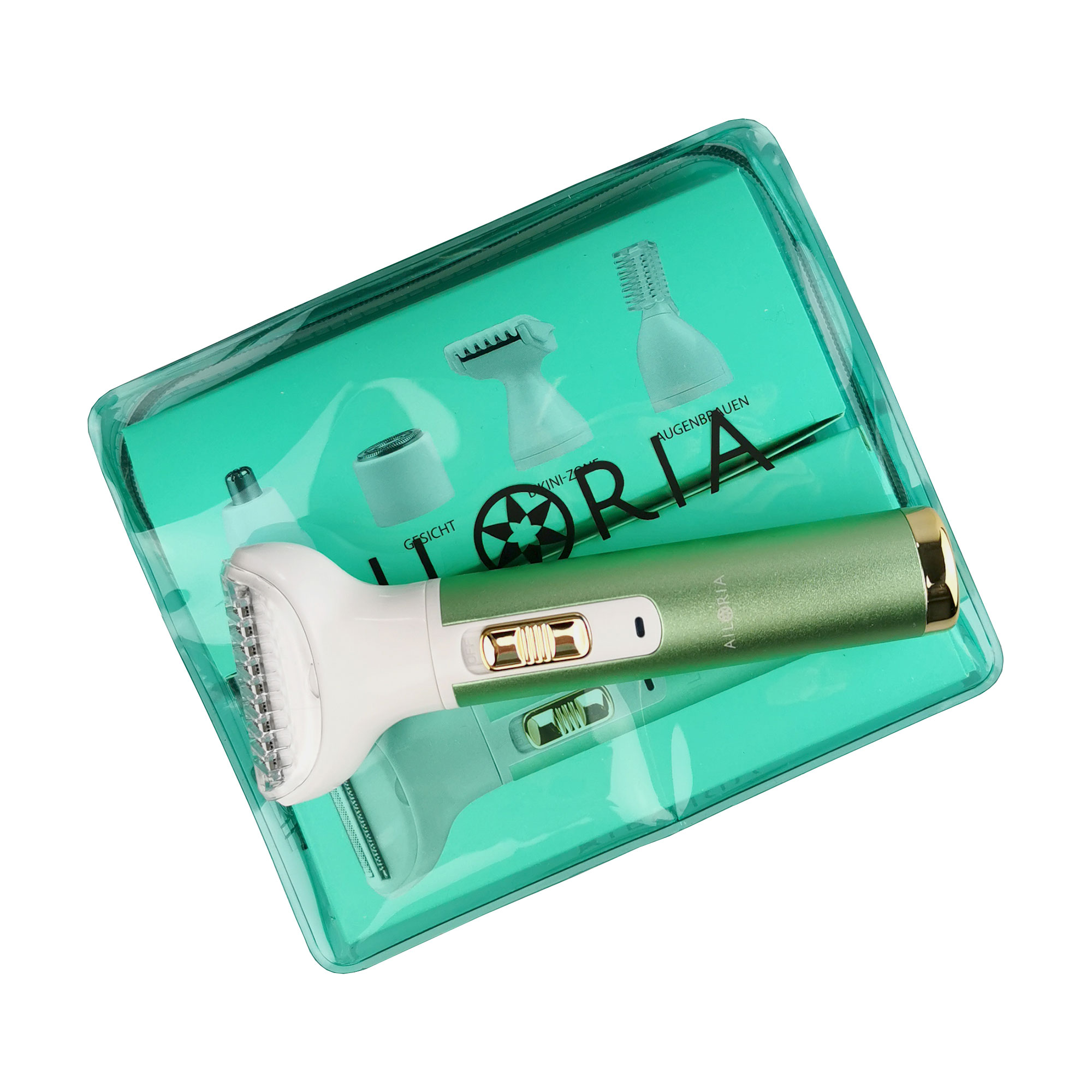 Dispositivo de depilación verde y blanco en una funda verde transparente, con otros accesorios.