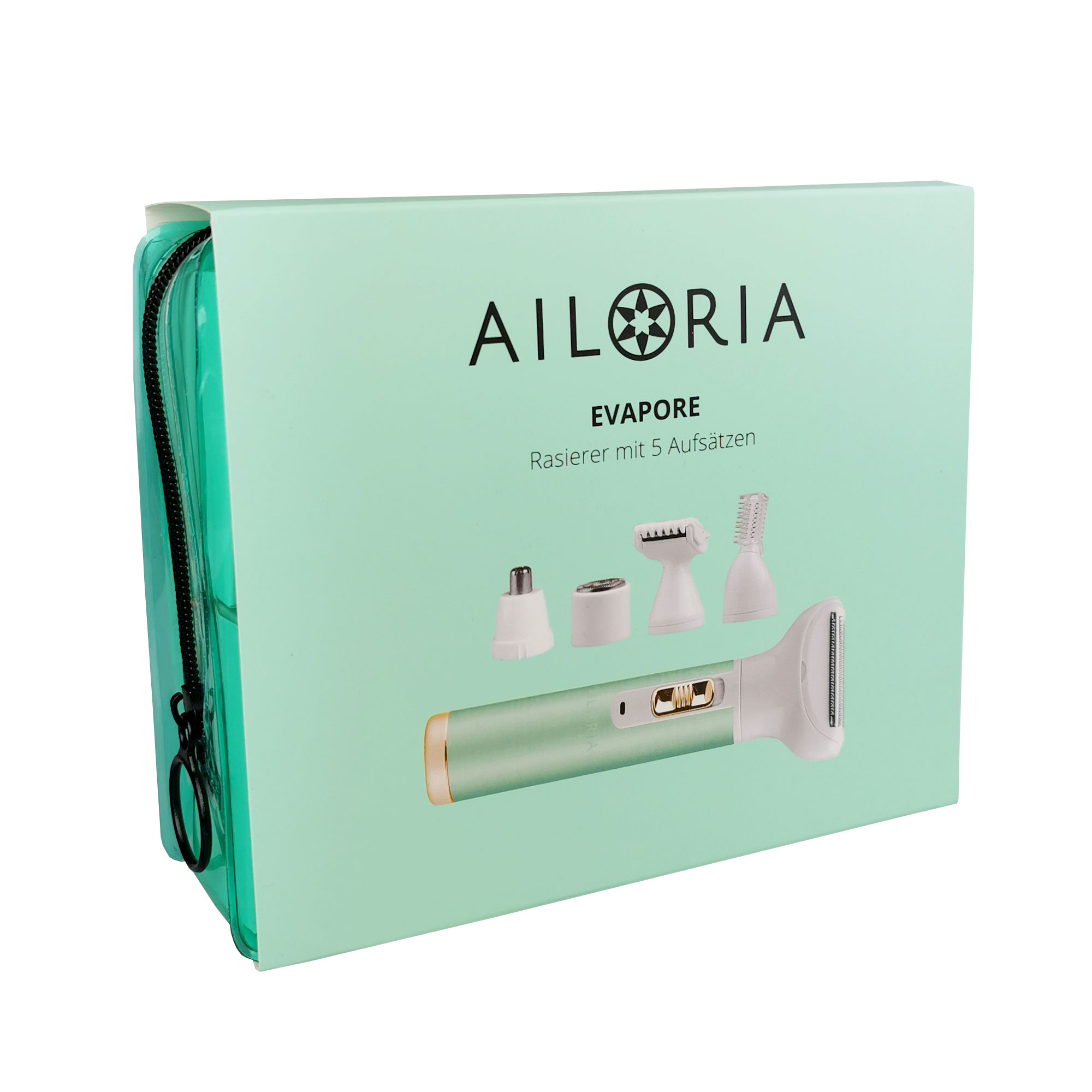 Caja con afeitadora verde menta y múltiples accesorios.