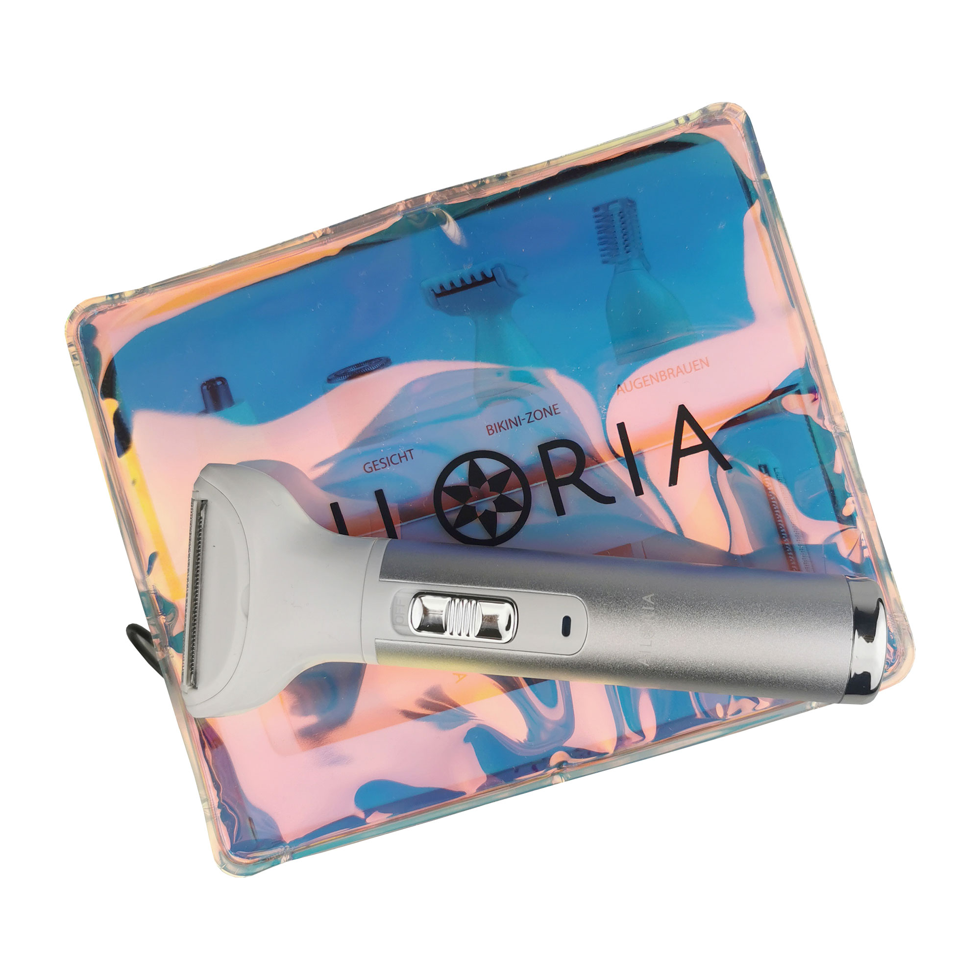 Eine Kosmetiktasche mit einem silber-weißen Elektrorasierer und anderen Beauty-Artikeln.