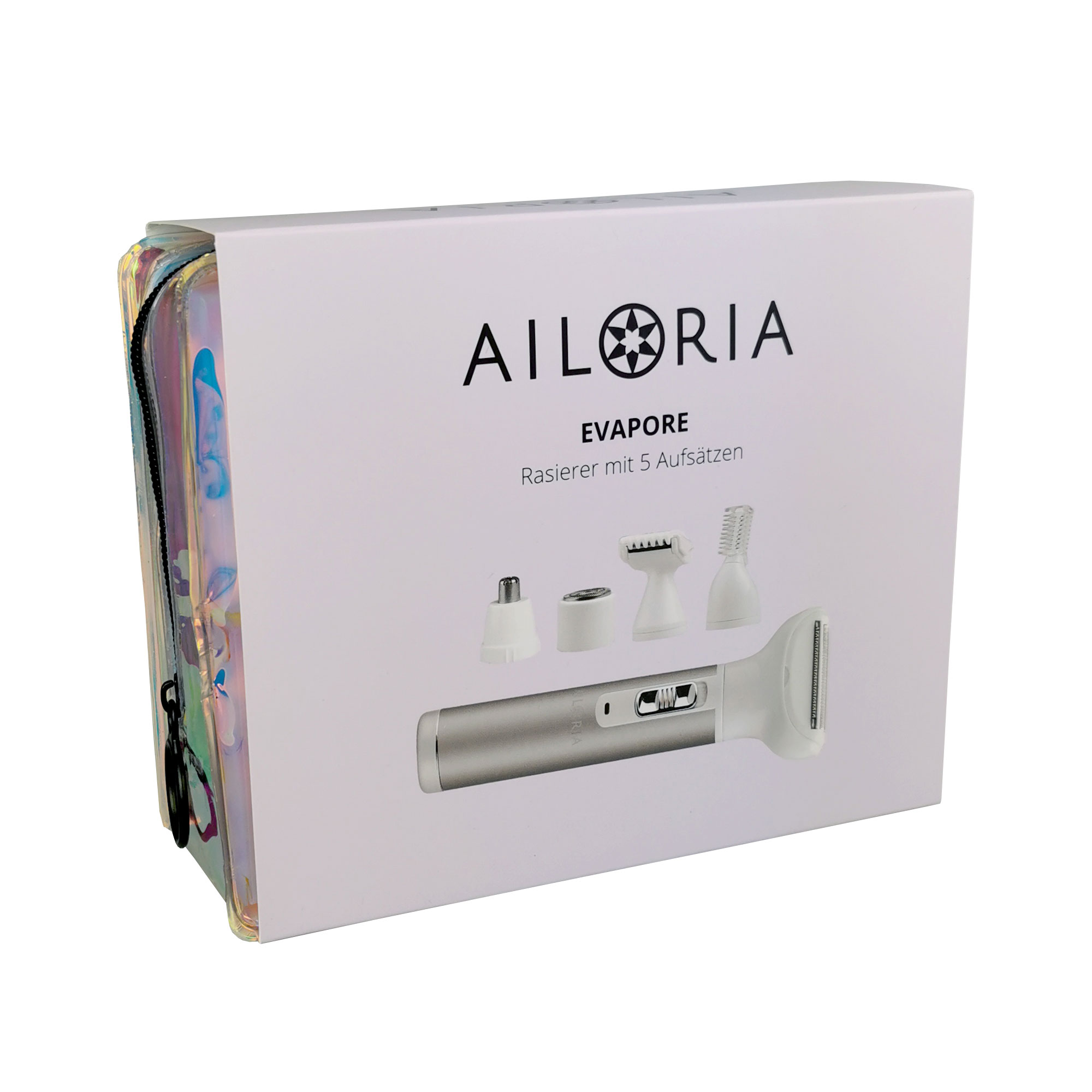 Box mit 'AILORIA EVAPORE' Text, ein Rasier-Kit mit Zubehör.