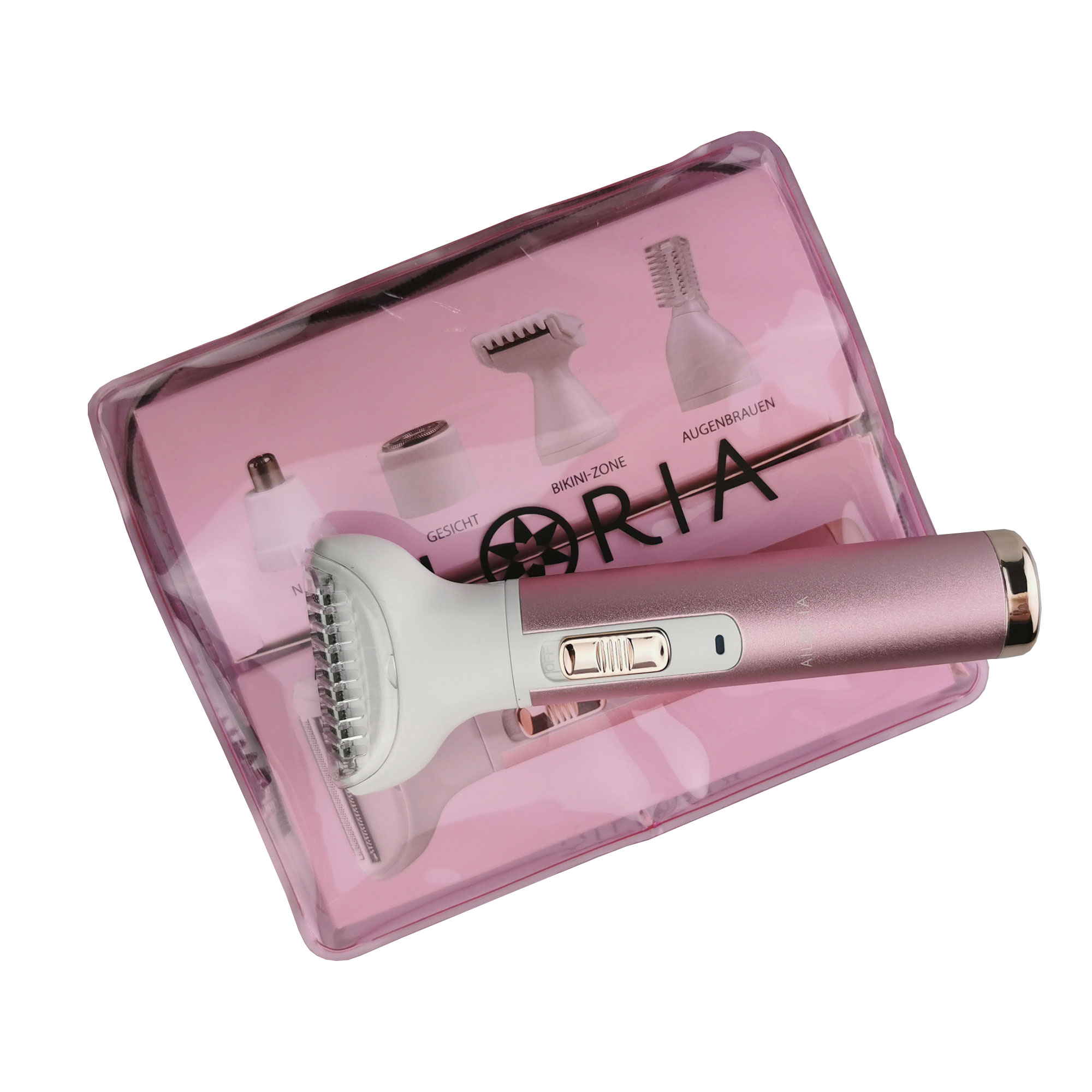 Una borsa per cosmetici rosa con un rasoio elettrico rosa, bianco e argento all'interno.