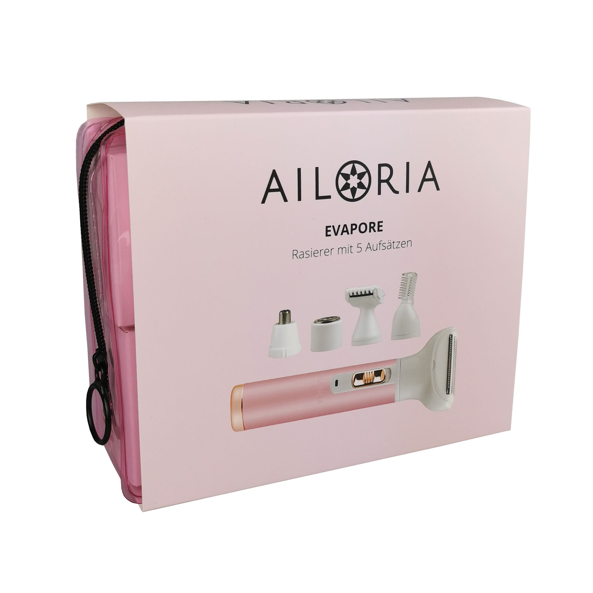 Scatola rosa con AILORIA EVAPORE con rasoio e accessori.
