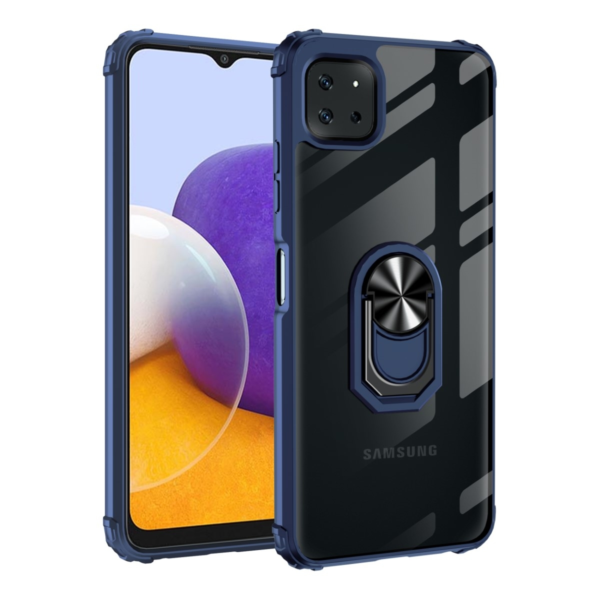 Ein Samsung-Handy in einer blau-transparenten Hülle mit einem Ringhalter.