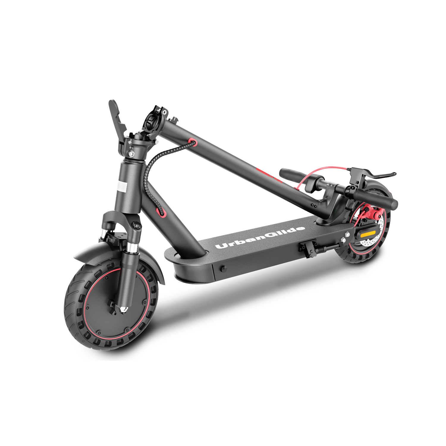 Zwarte en rode elektrische scooter op een witte achtergrond. De merknaam is UrbanGlide.
