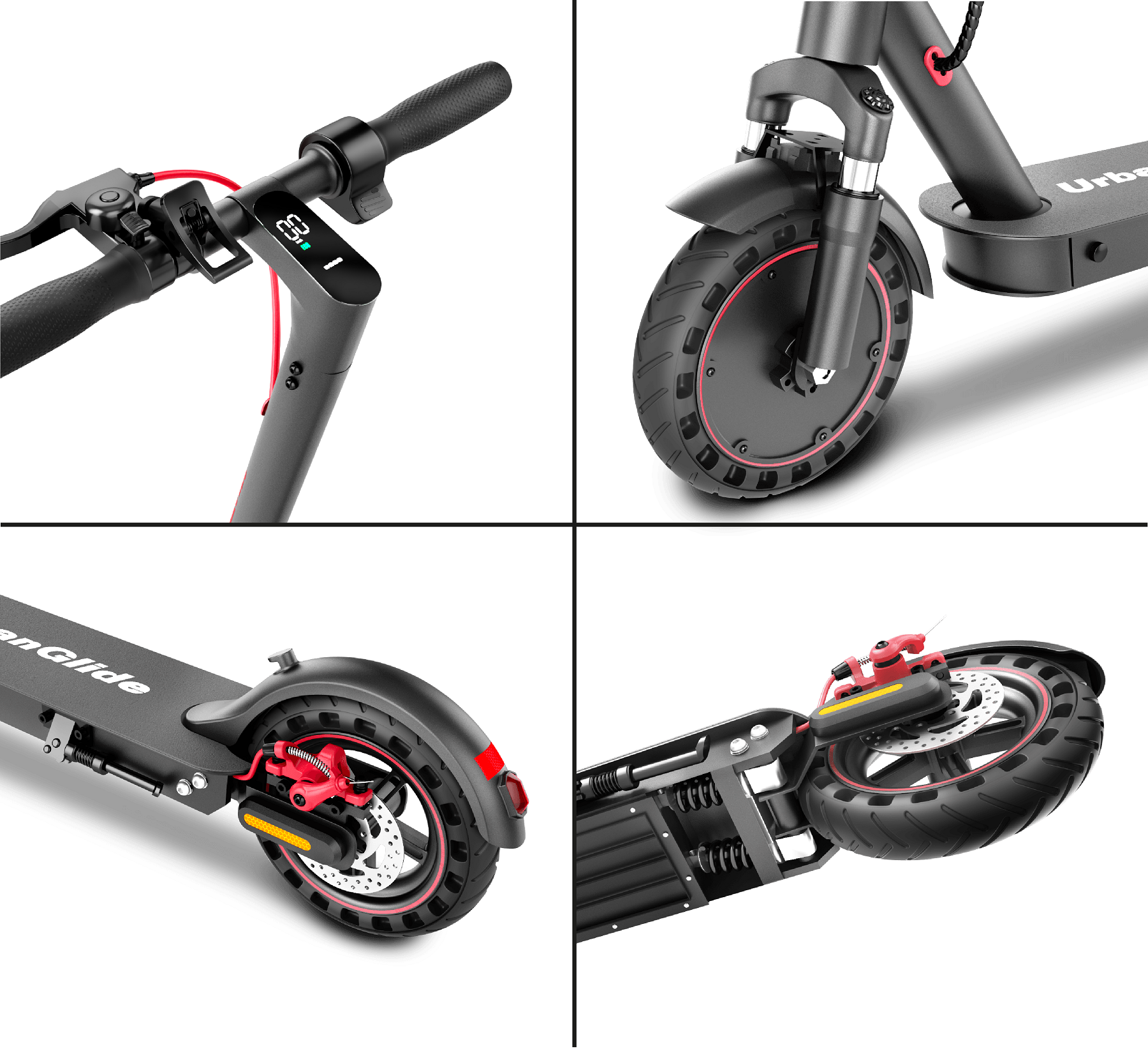 Vier aanzichten van een zwarte en grijze elektrische scooter, met stuur, wielen en remmen.