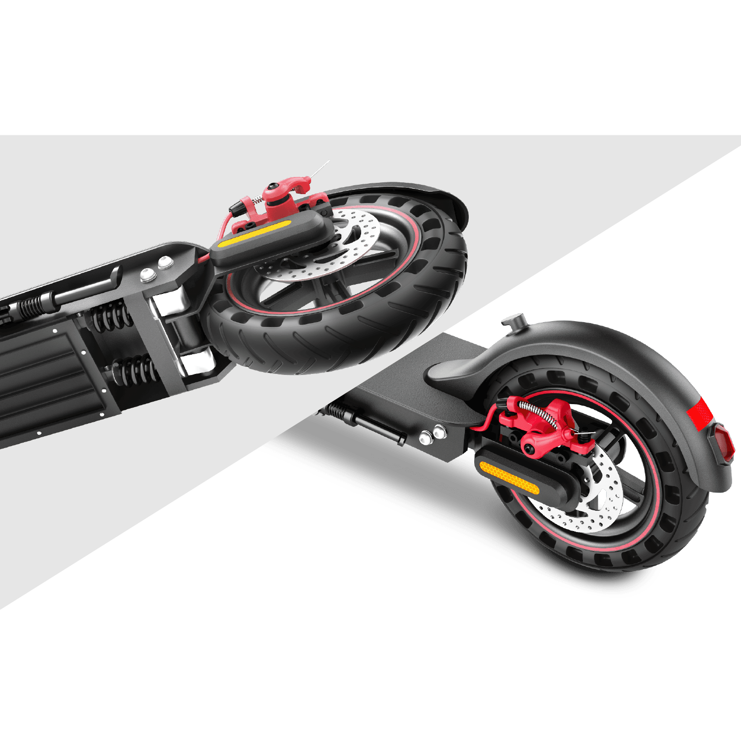 Elektrische scooter, gedeeltelijk gedemonteerd, met wiel, schijfremmen en framedetails. Witte achtergrond.