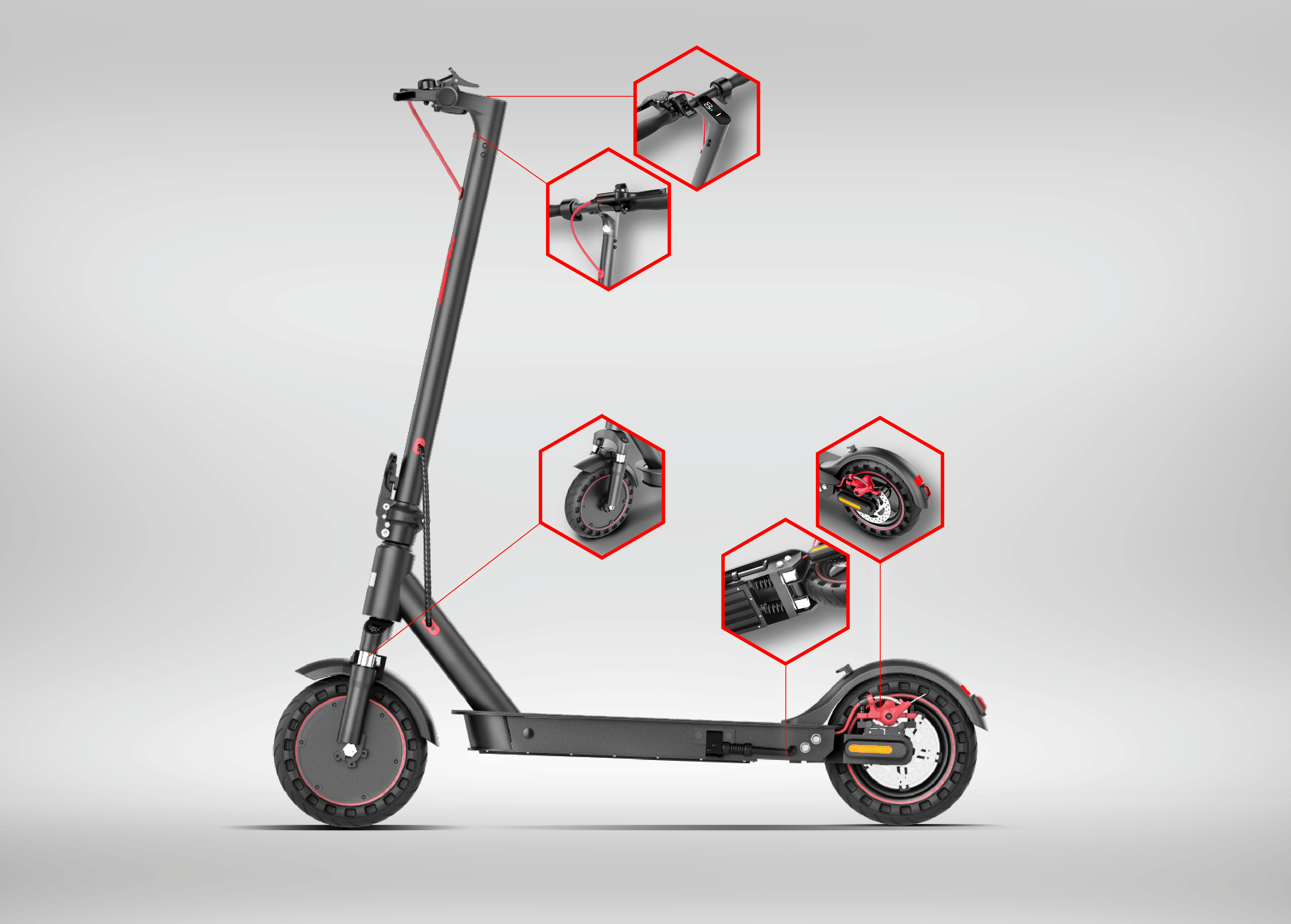 Een elektrische scooter op een grijze achtergrond met gemarkeerde componentdetails.