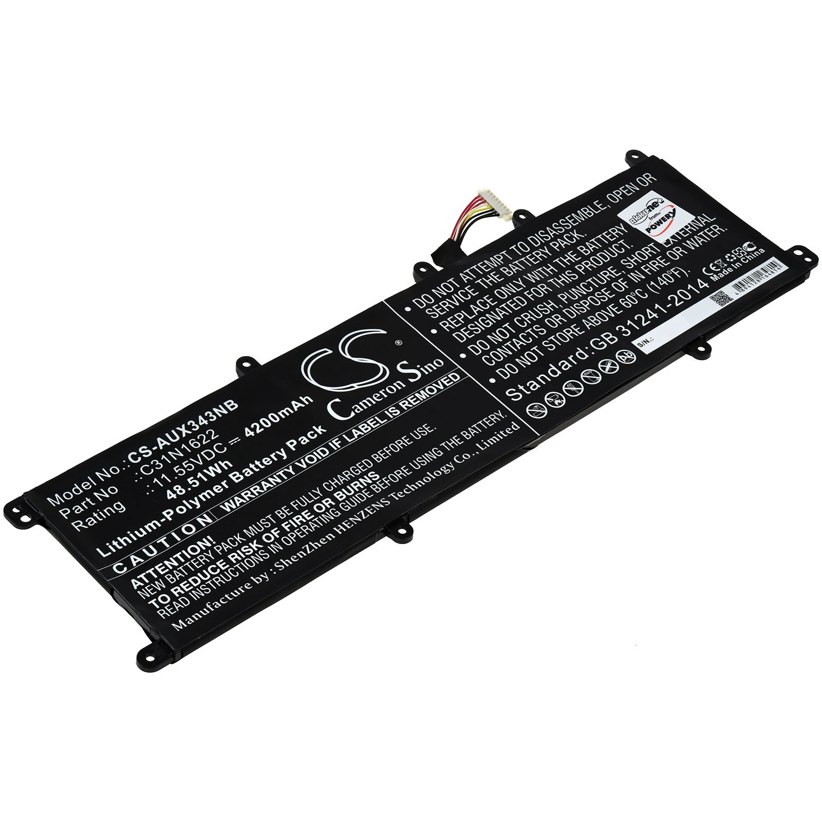 Laptop-Akku mit weißem Warntext. Schwarze und weiße Aufkleber sind auf dem Akku vorhanden.