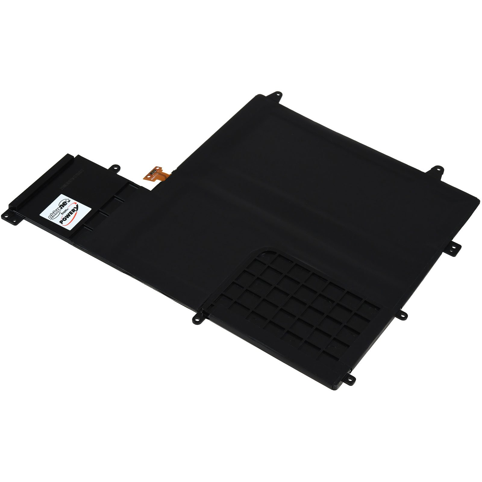 Schwarzer Laptop-Akku mit einigen Anschlüssen und Etiketten.