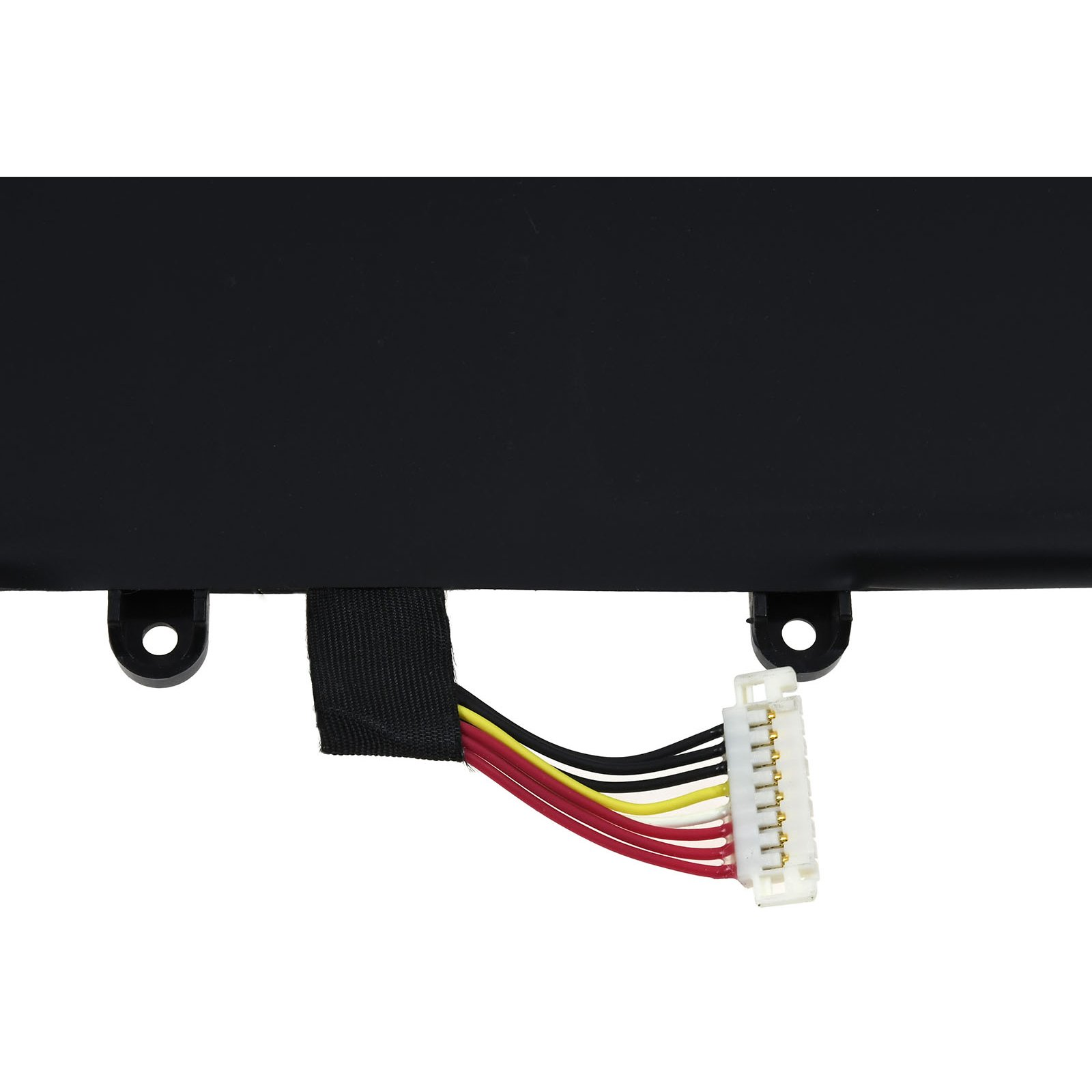 Nahaufnahme eines Laptop-Akku-Anschlusses mit mehreren Drähten, schwarz und farbcodiert, weißer Stecker.