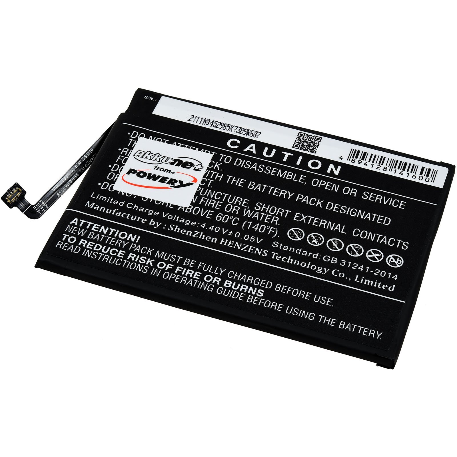 Schwarzer Laptop-Akku mit Vorsichtshinweis und Stecker. Weißer Hintergrund.