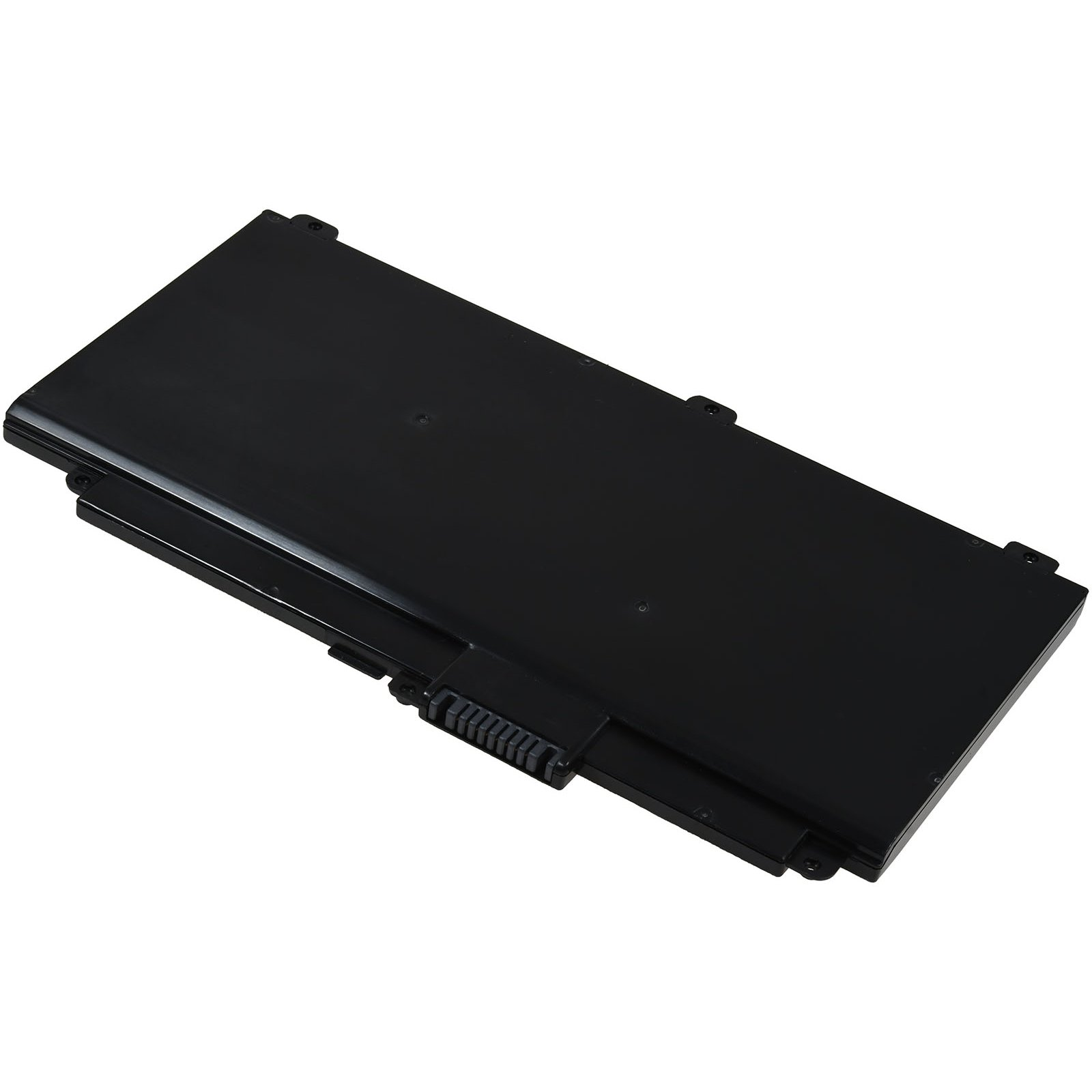 Ein schwarzer Laptop-Akku auf weißem Hintergrund. Der Akku ist angewinkelt, um seine Merkmale zu zeigen.