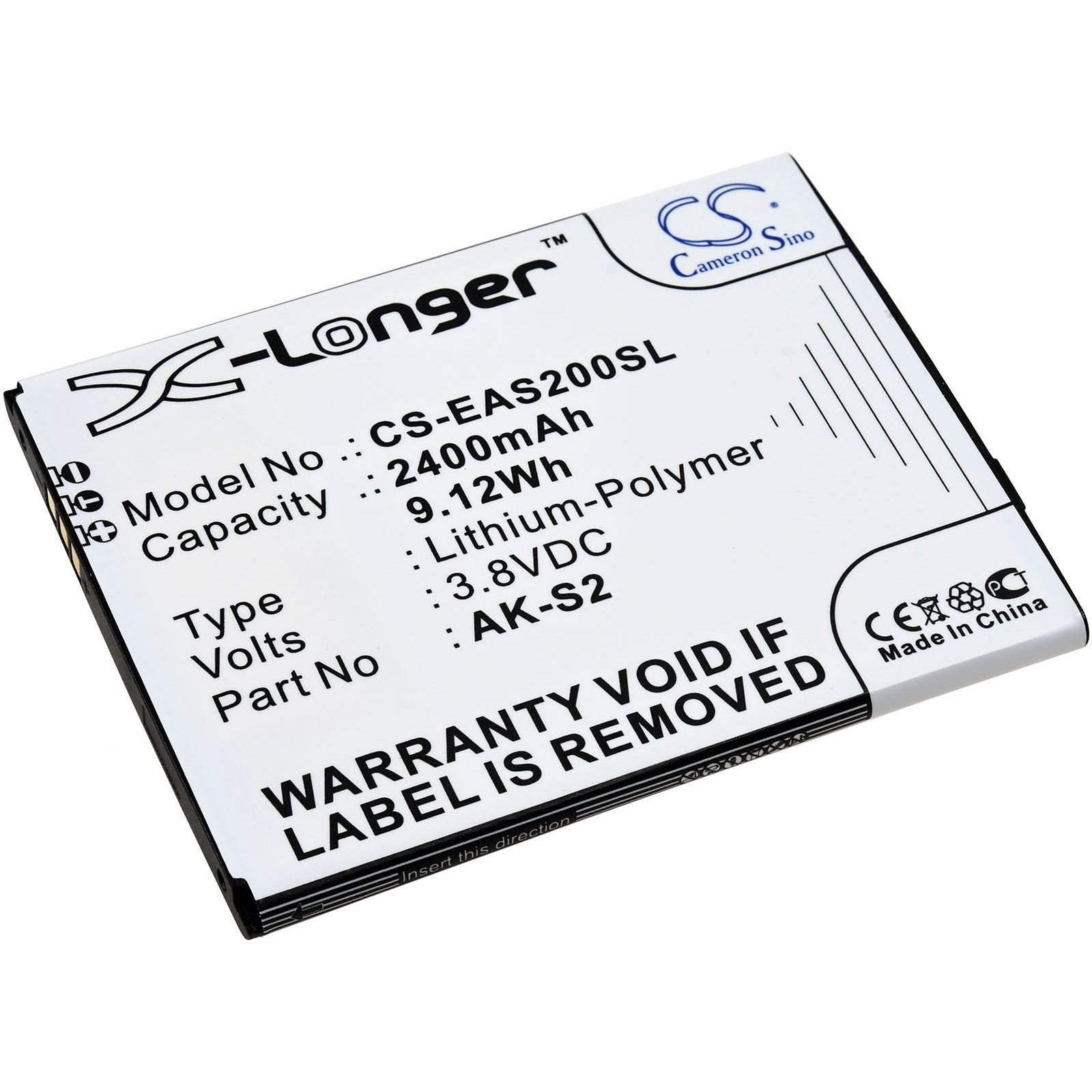 Eine weiße und schwarze Batterie mit Text. Es ist eine CS-EAS200SL, 2400 mAh Batterie.