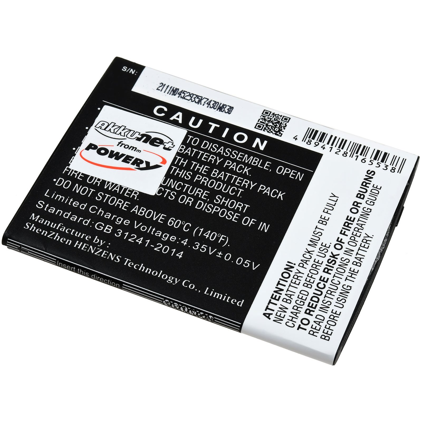 Eine schwarz-weiße Batterie mit Text, einschließlich Vorsicht und Sicherheitshinweisen.