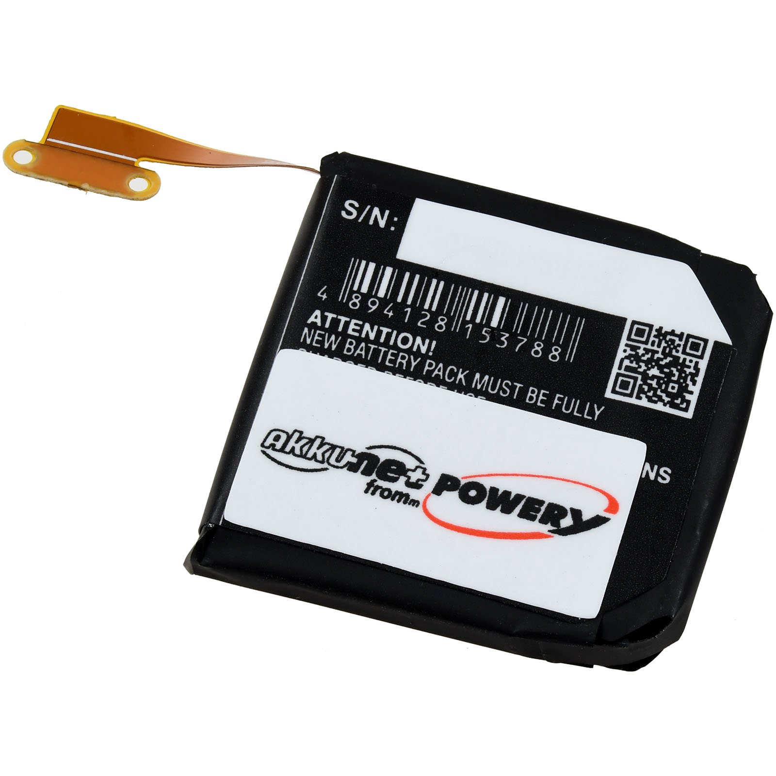 Schwarzes Akkupack mit Etikett mit Produktinformationen, einschließlich Barcode und Akkunet Power Logo.
