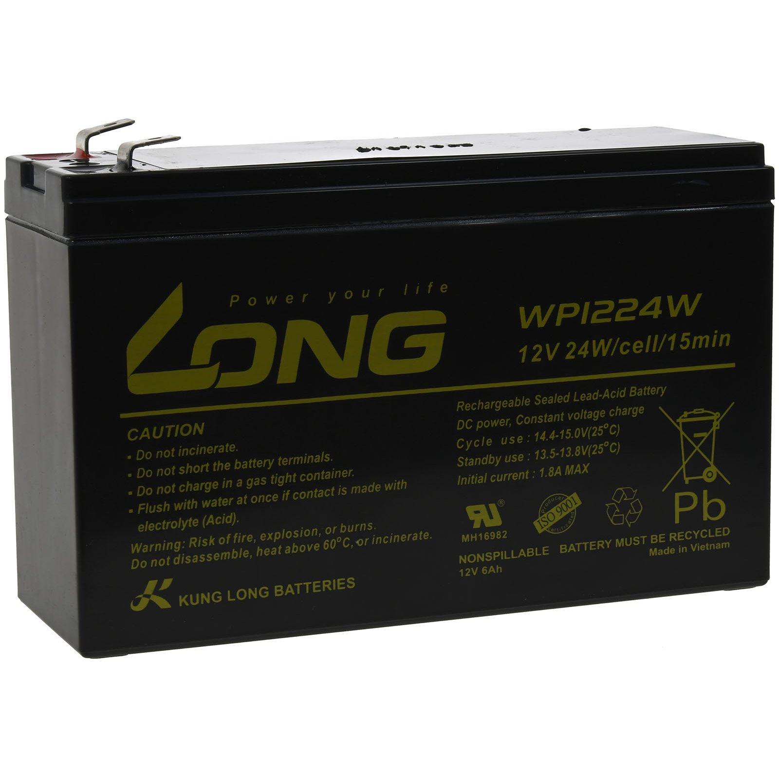 Schwarze rechteckige Batterie mit Text. Es lautet 'Power your life' und 'LONG' in Gelb.