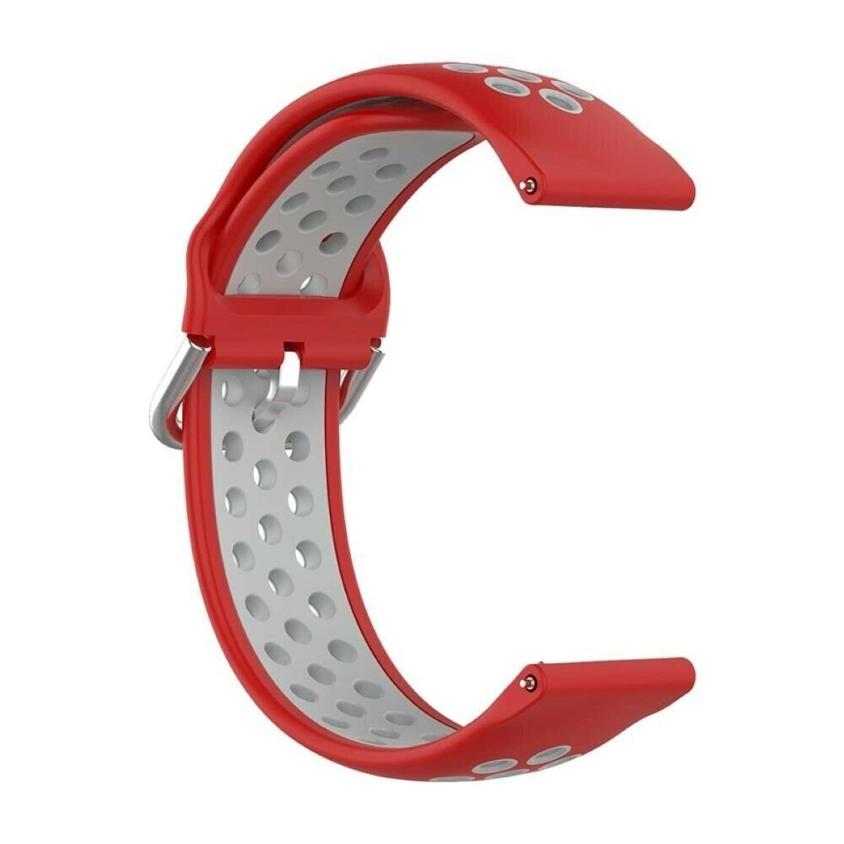 Rotes und weißes Smartwatch-Armband. Es hat mehrere Löcher. Das Armband hat eine C-Form.