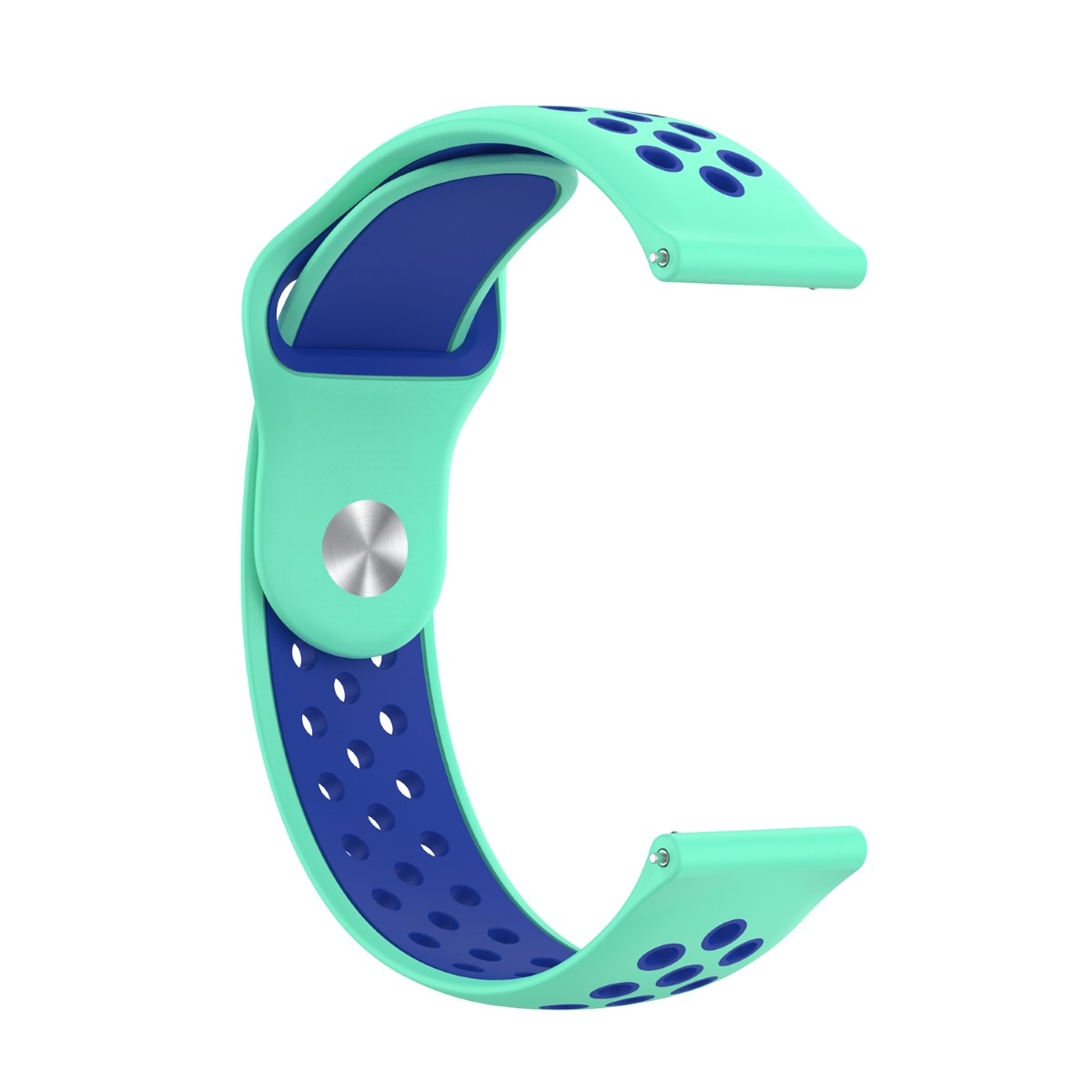 Ein mintgrünes und dunkelblaues Uhrenarmband. Das Armband hat Löcher für die Atmungsaktivität.