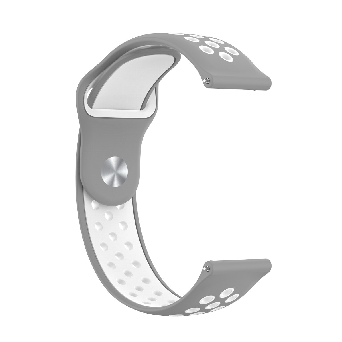 Graues und weißes Uhrenarmband mit Metallknopf und Löchern.