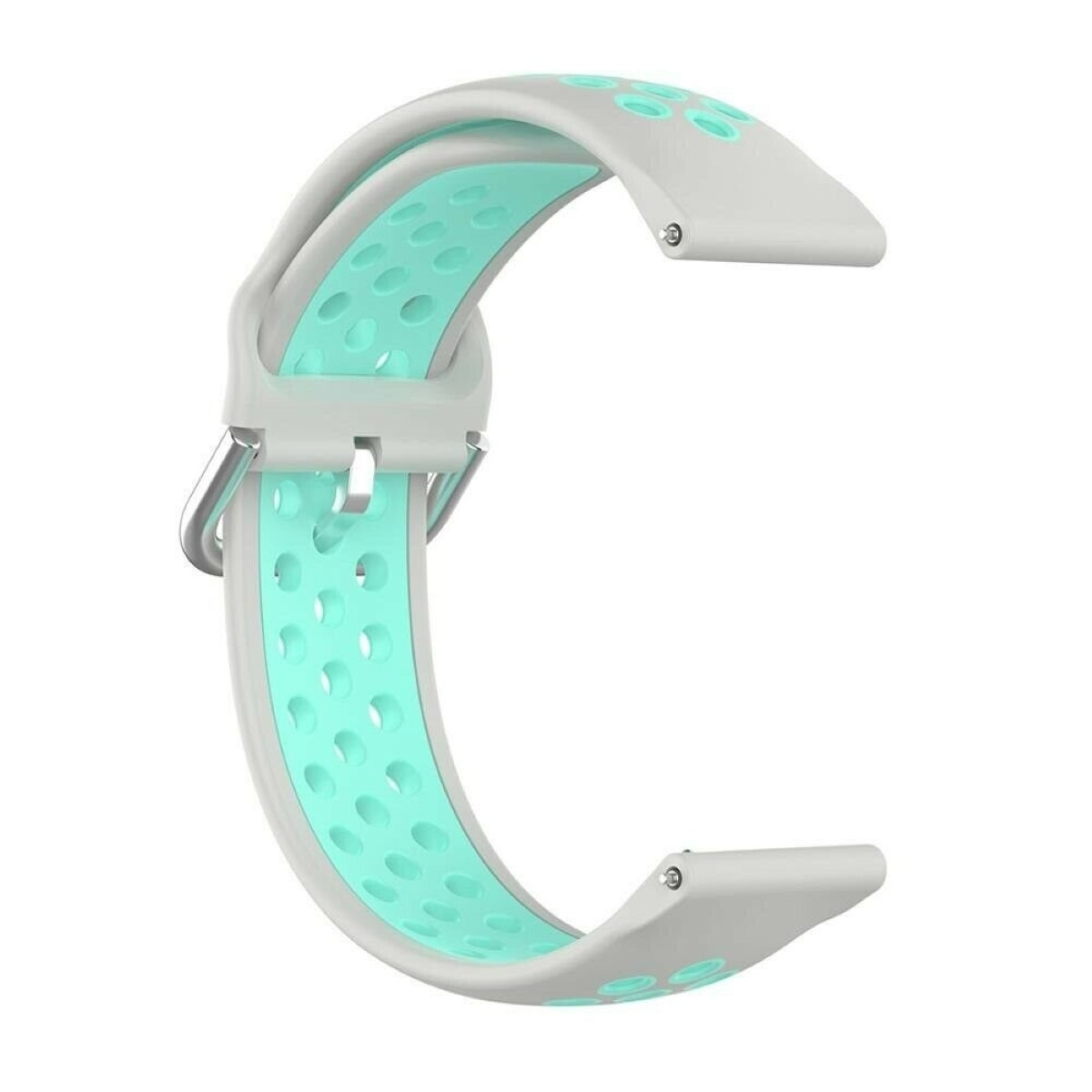 Graues und türkisfarbenes Uhrenarmband mit Löchern und silberner Schnalle.