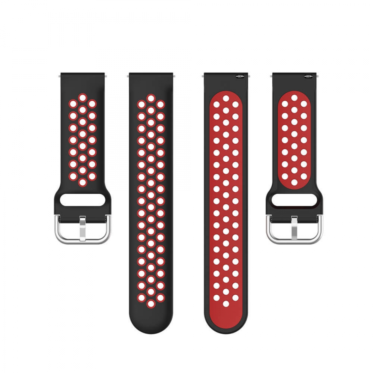 Vier Uhrenarmbänder; zwei schwarz mit roten Punkten und zwei rot mit weißen Punkten.