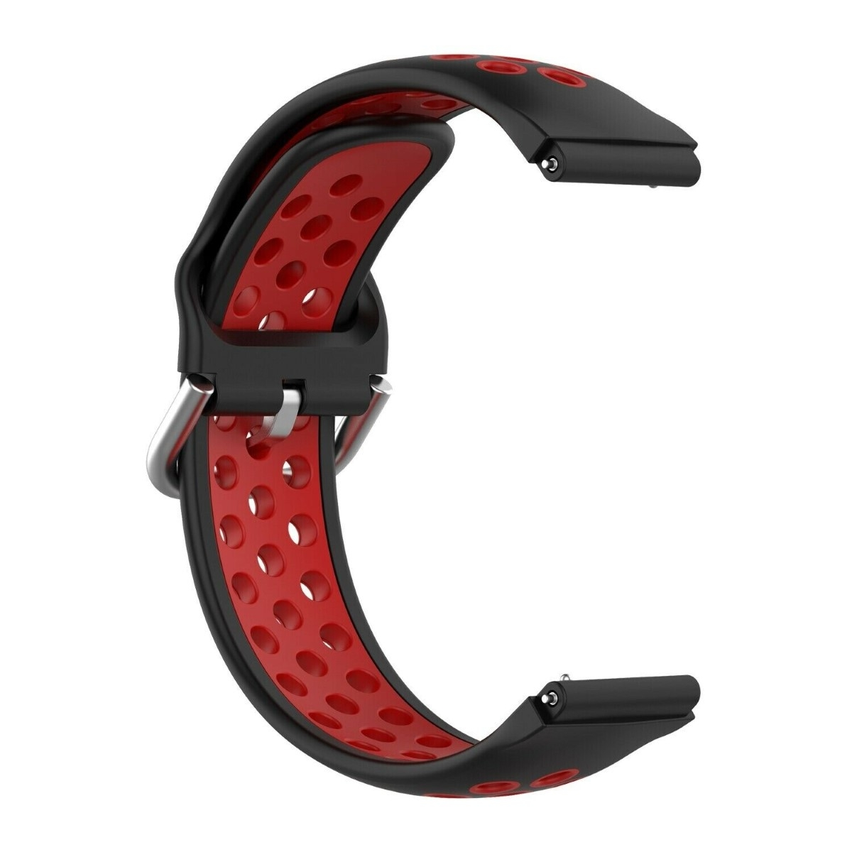 Schwarzes und rotes Uhrenarmband mit Perforationen. Metallverschluss. Gebogenes Design.