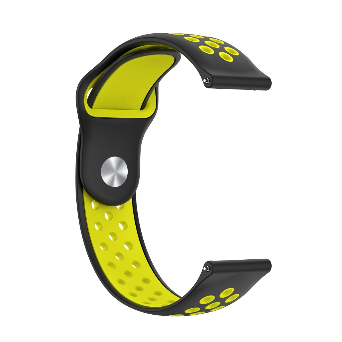Ein schwarz-gelbes Uhrenarmband mit Metallverschluss. Das Band hat ein Lochmuster.