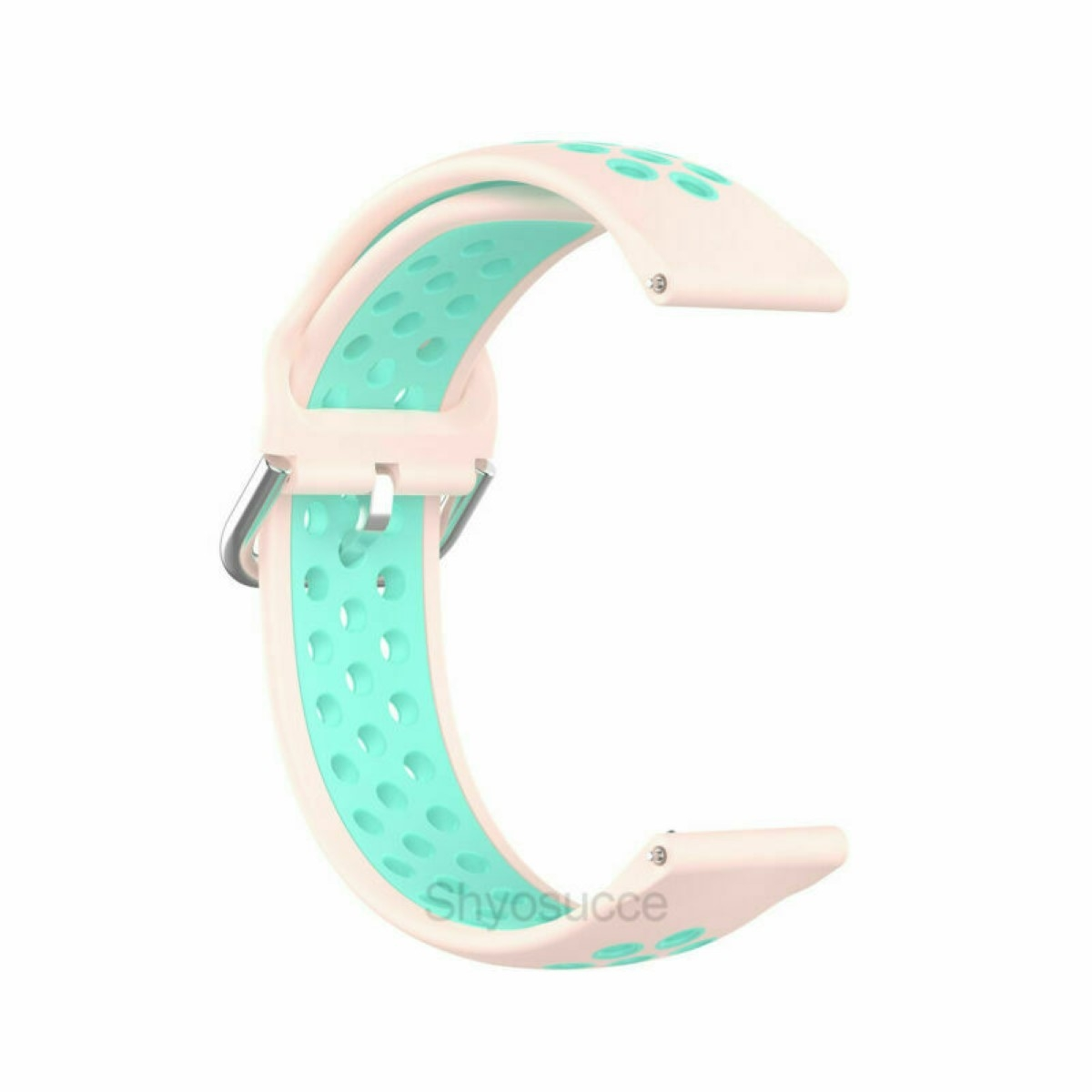 Ein Uhrenarmband in Weiß und Türkis. Es hat Löcher und eine Metallschnalle.