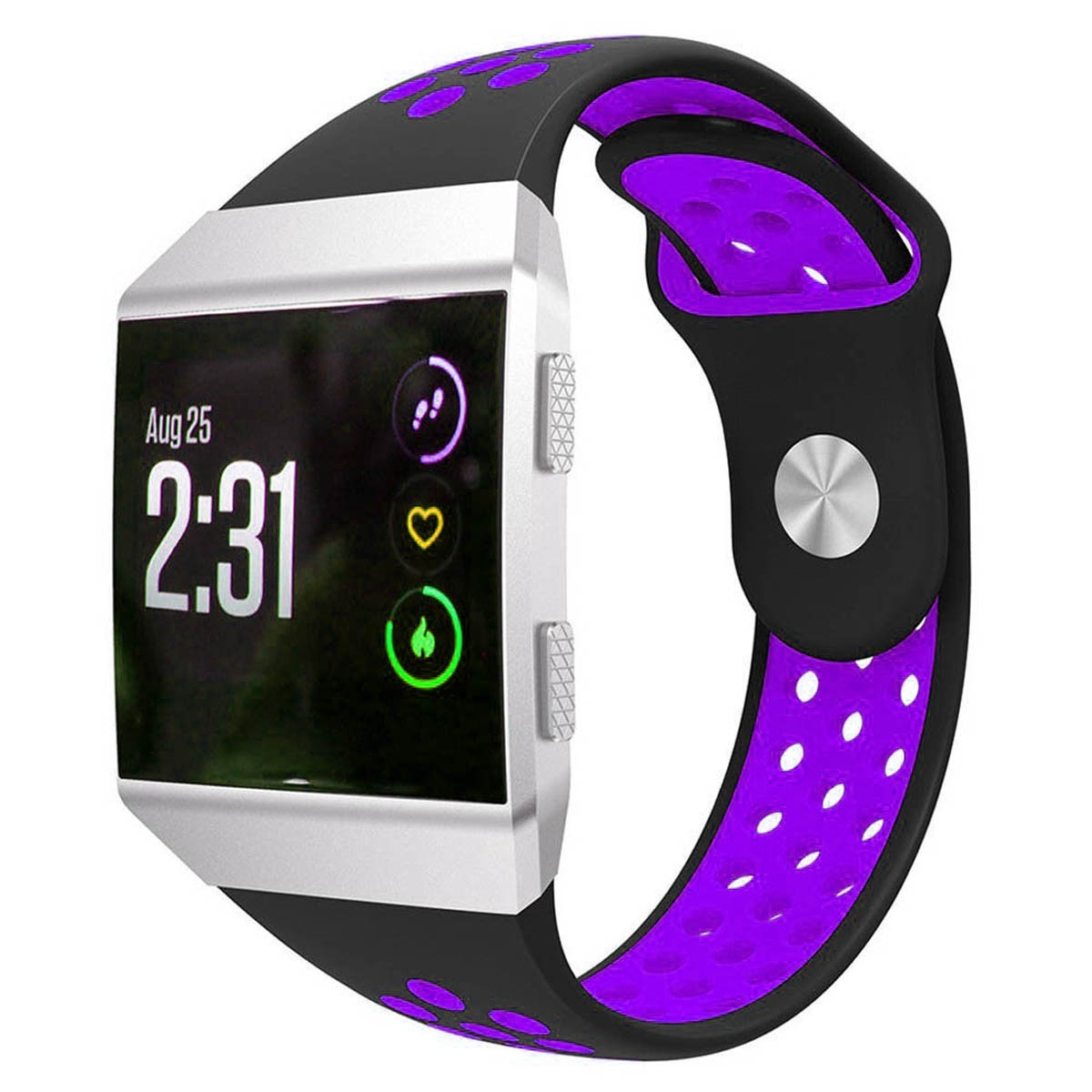Smartwatch mit schwarzem und lila Armband. Zeigt Uhrzeit und Herzfrequenz an.