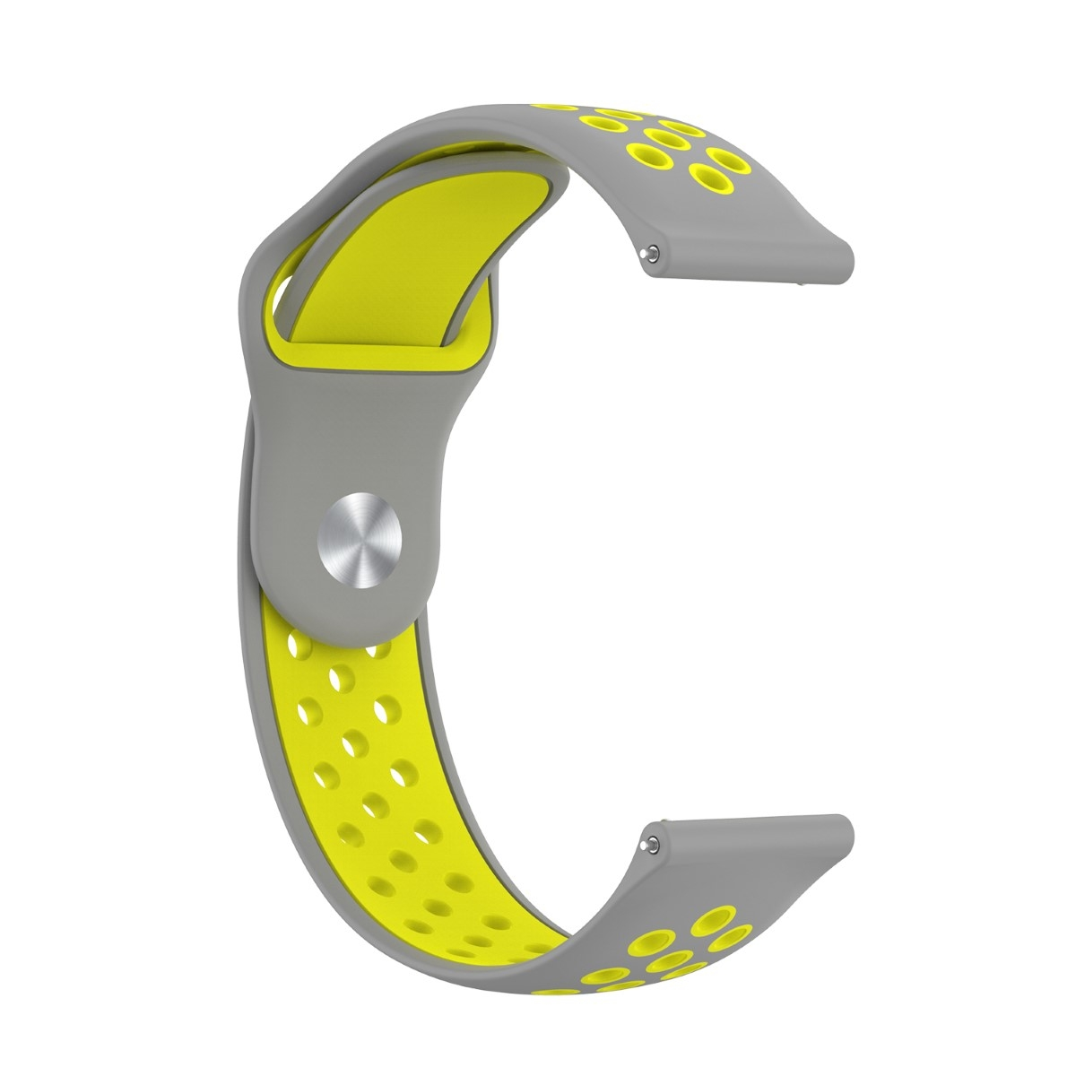Ein graues Uhrenarmband mit gelben Akzenten. Es ist auf weißem Hintergrund.