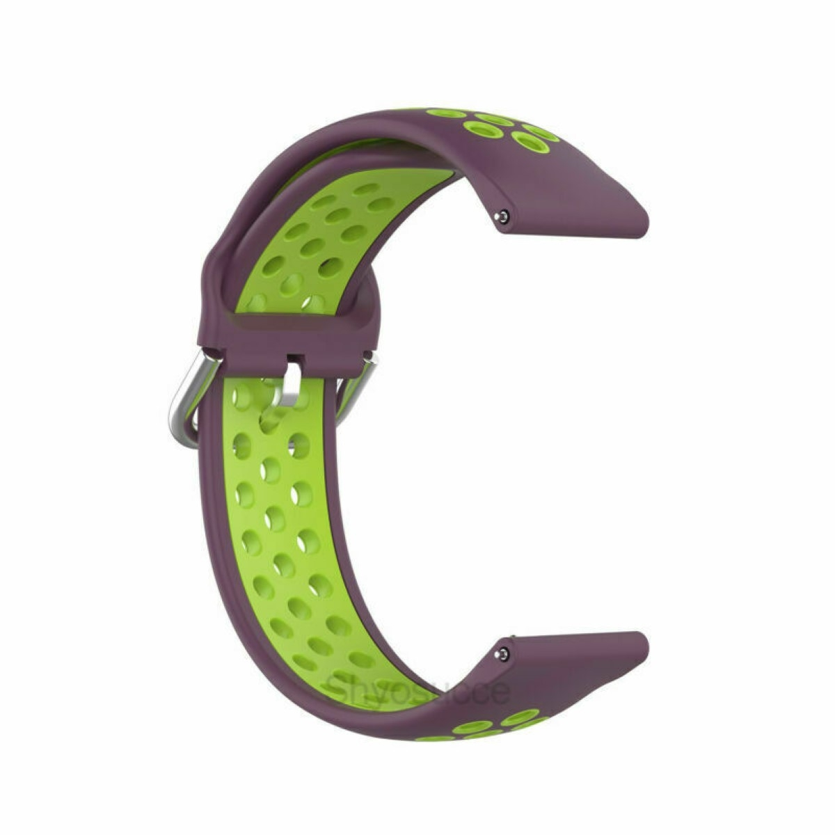 Armband, lila und grün. Zwei Farbtöne mit Löchern auf dem grünen Teil.