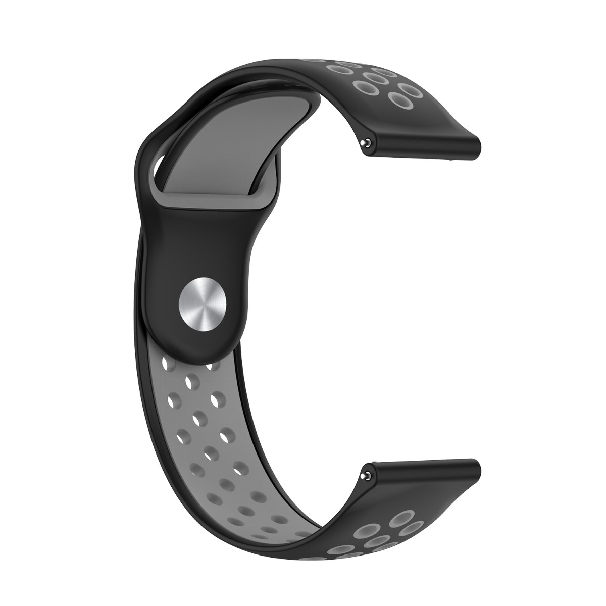Schwarzes und graues Uhrenarmband mit Perforationen. Metallstift. Gebogenes Design.