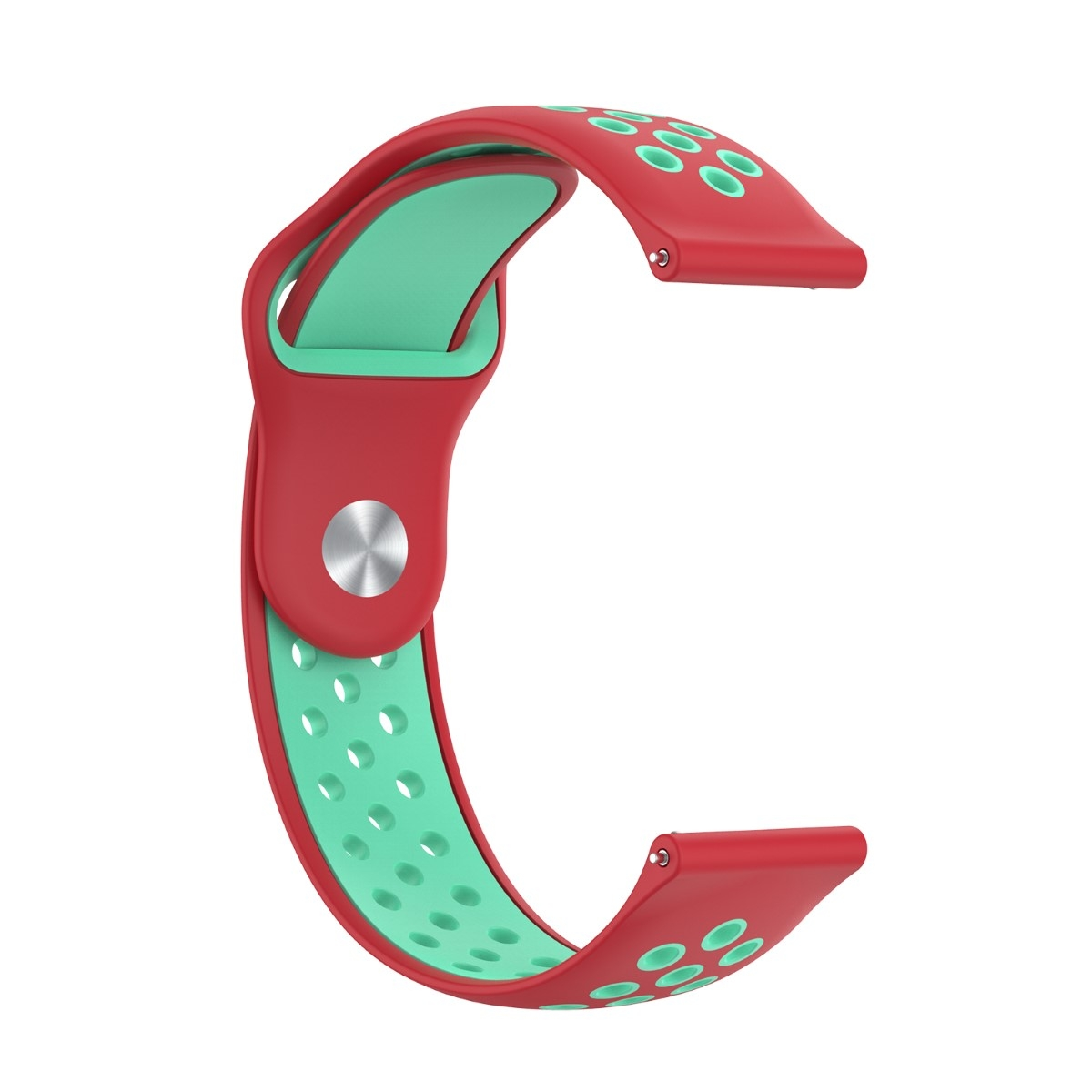 Rotes und mintgrünes Uhrenarmband mit zweifarbigem Design und vielen Löchern.