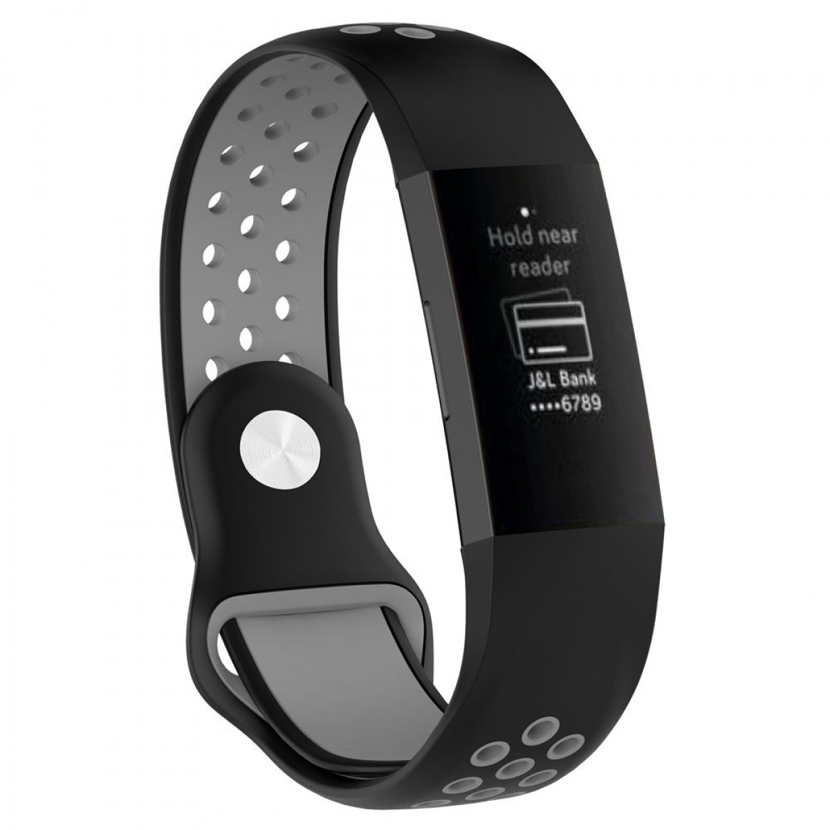 Smartwatch mit schwarzem Armband mit weißen Punkten und schwarzem Display.