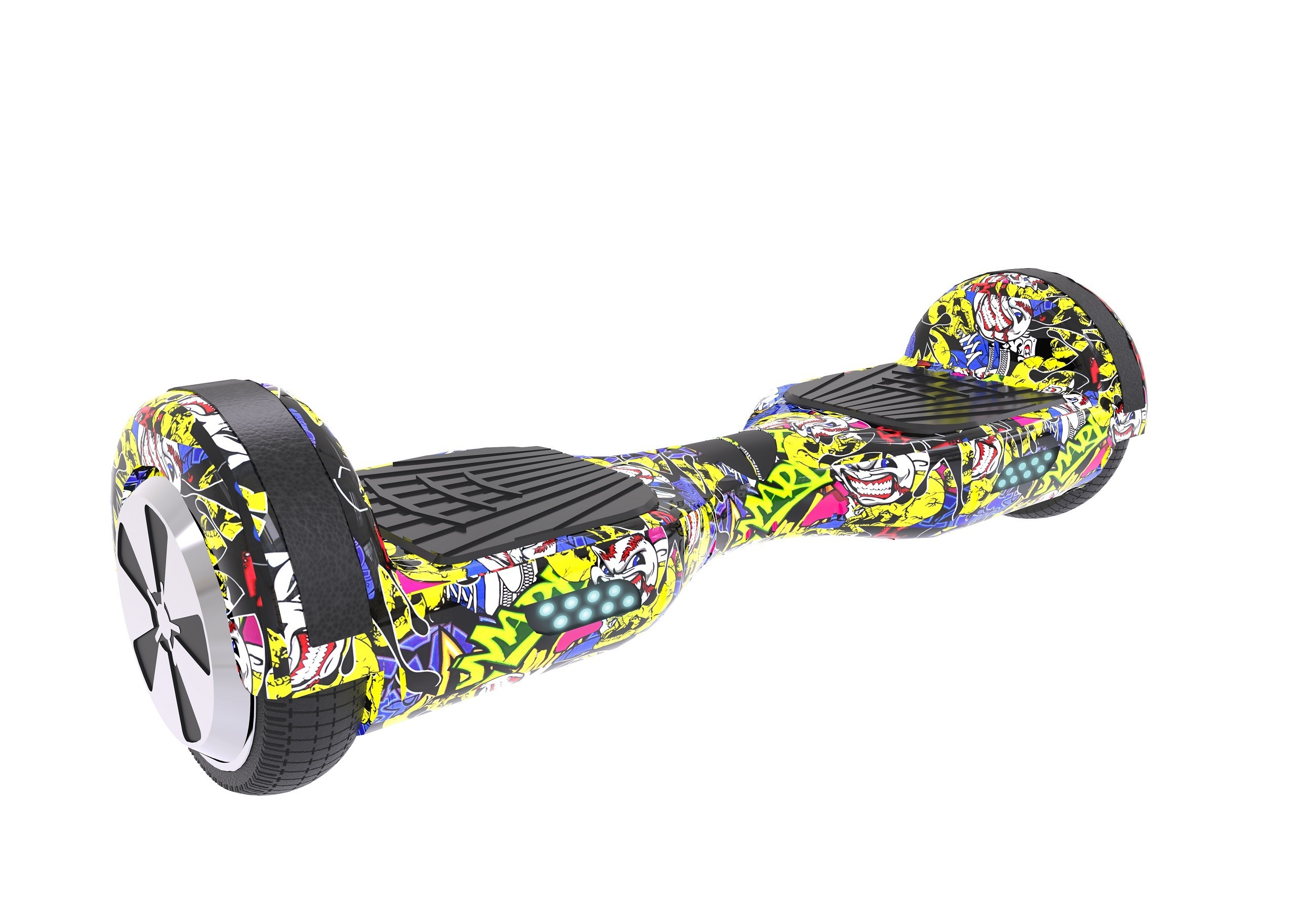 Un hoverboard colorido con un diseño de grafiti, aislado sobre un fondo blanco.
