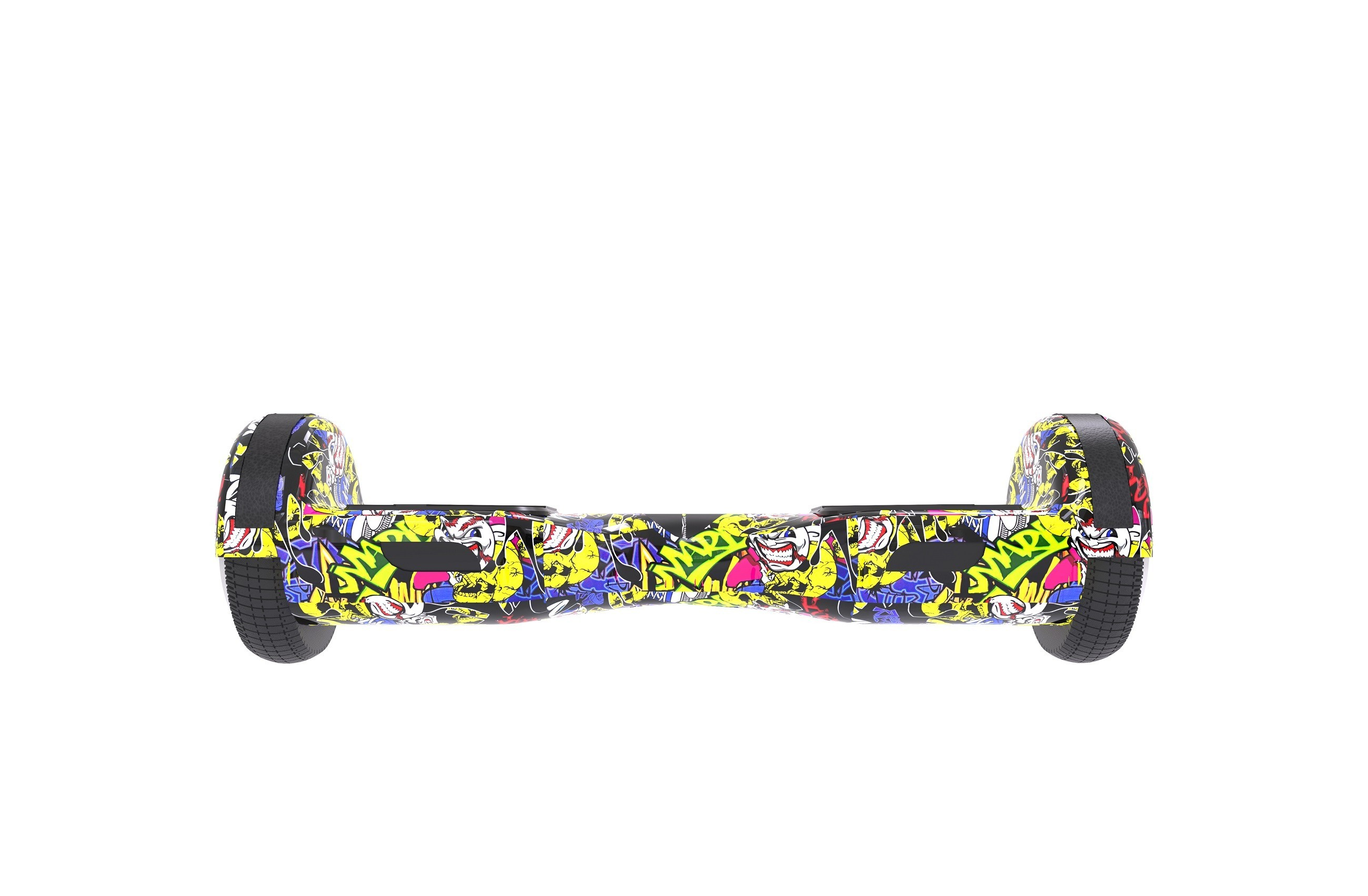 Un hoverboard con diseño de grafiti. Las ruedas son negras y los lados coloridos.
