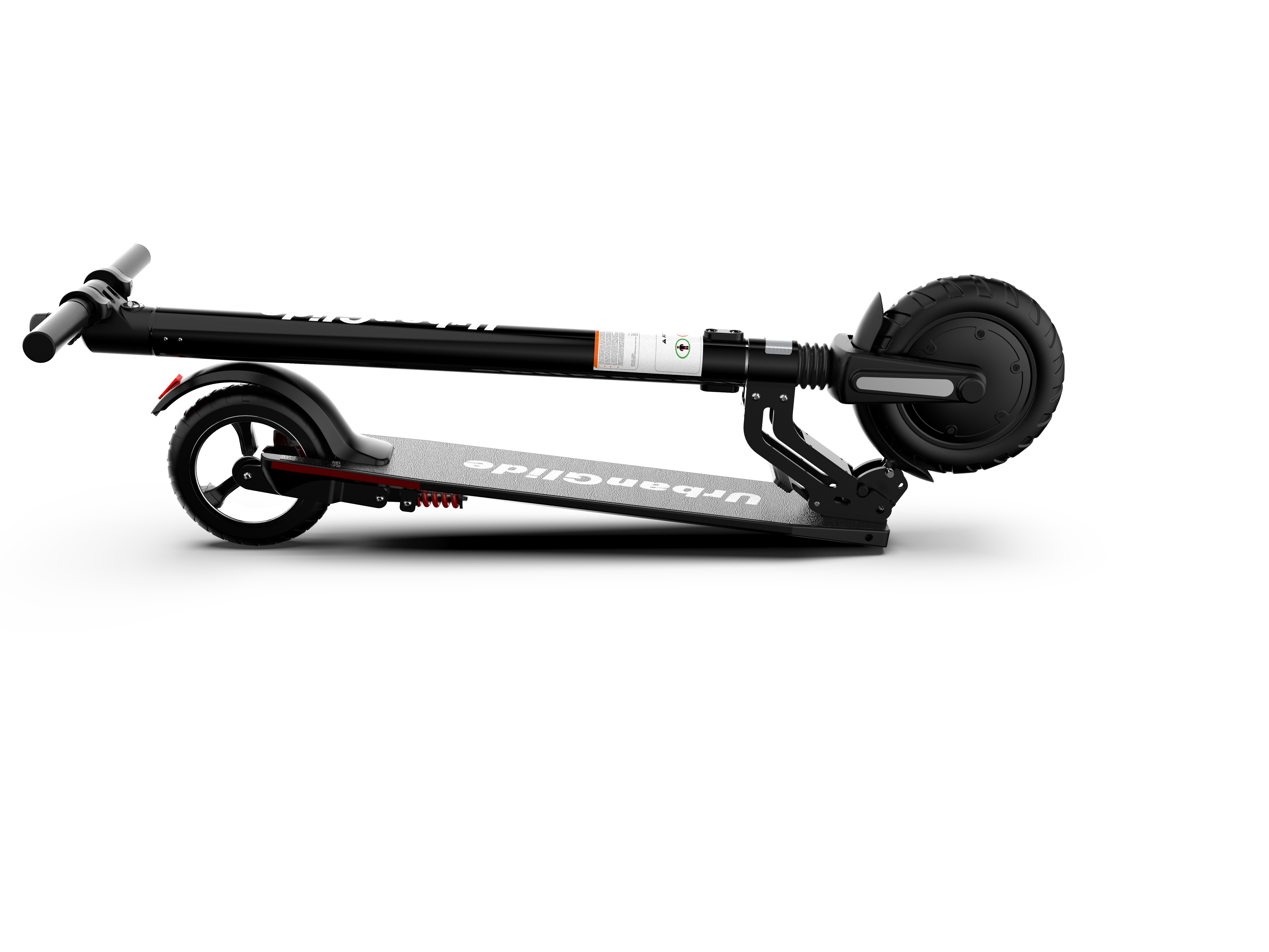 Scooter negro plegado sobre fondo blanco, con la marca Urban Glide en el lateral.