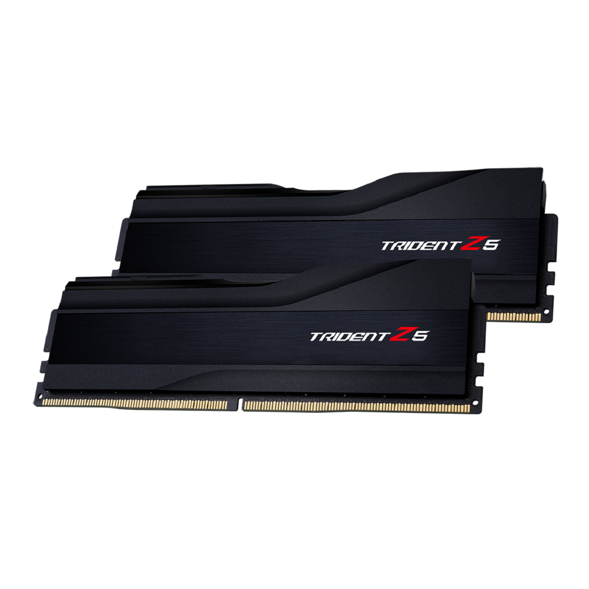 Twee zwarte RAM-sticks met de tekst "TRIDENT Z 5". De achtergrond is effen.