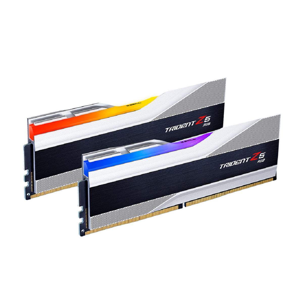 Zwei RAM-Riegel mit Kühlkörpern. Einer hat Orange und Rot, der andere Blau und Weiß.