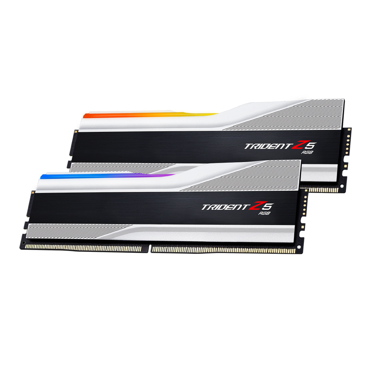 Zwei schwarz-weiße Computer-RAM-Riegel mit RGB-Beleuchtung, Text 'TRIDENT Z5 RGB'.