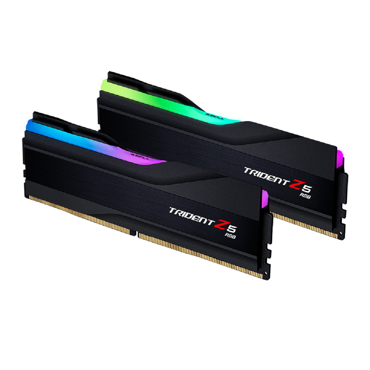 Due moduli RAM neri con illuminazione RGB e il logo 'TRIDENT Z5 RGB'.