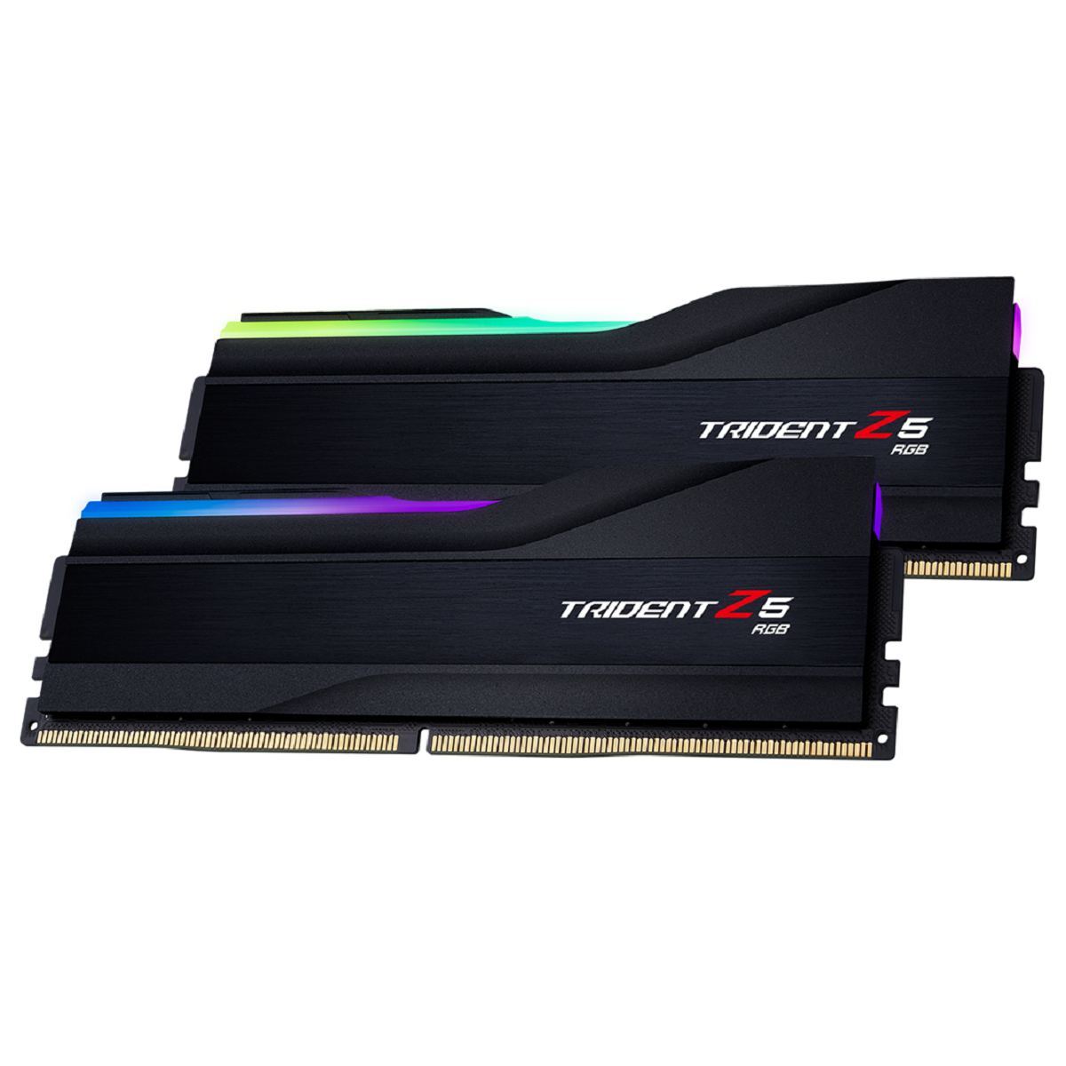 Due moduli RAM neri con illuminazione RGB. Hanno il testo: TRIDENT Z5 RGB.