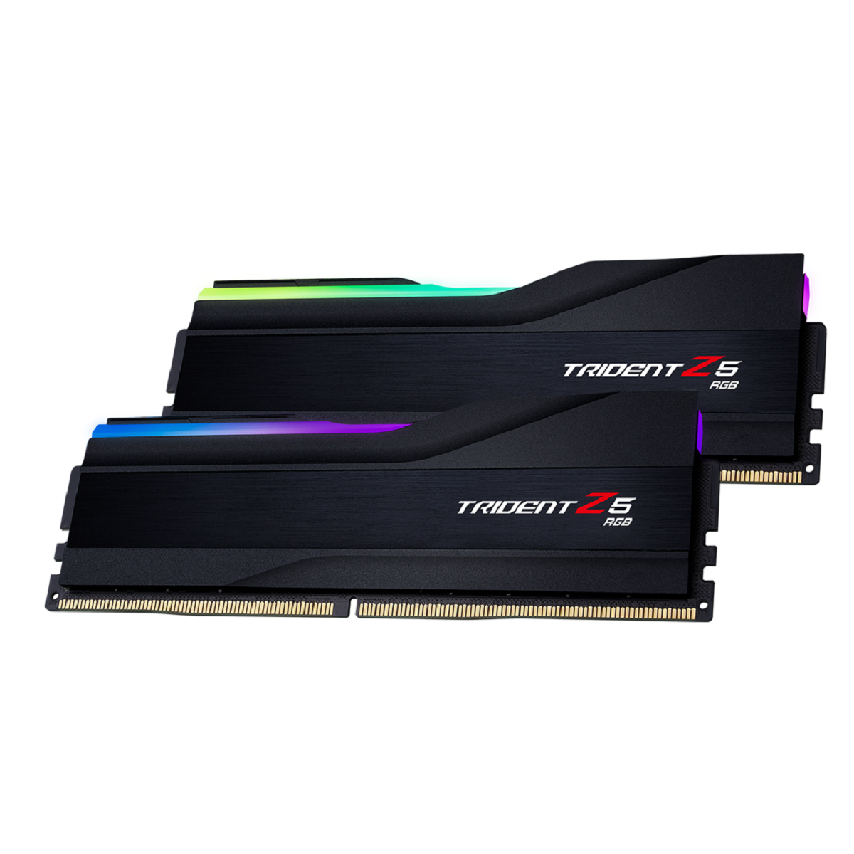 Zwei schwarze Trident Z5 RGB RAM-Riegel mit farbenfrohen LED-Leuchten. Der Text TRIDENT Z5 RGB steht auf den Riegeln.