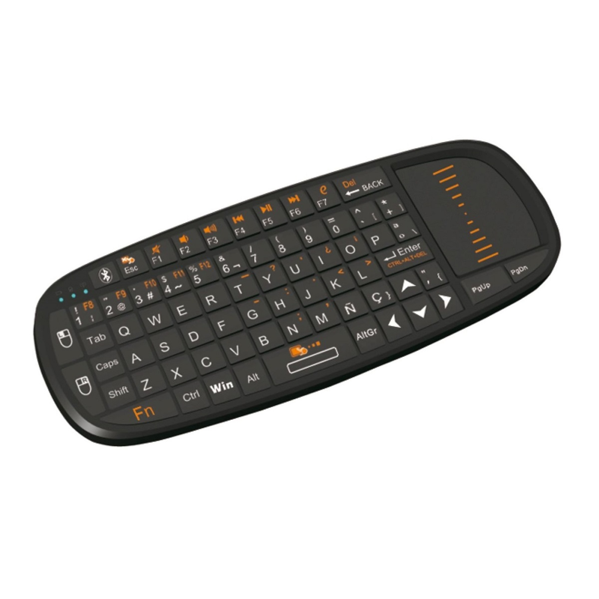 Un mini teclado inalámbrico negro con teclas blancas. Es ovalado y tiene un panel táctil naranja.