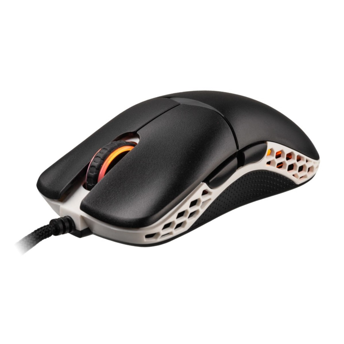 Czarna i biała mysz do gier z wzorem plastra miodu i świecącym pomarańczowym kółkiem.