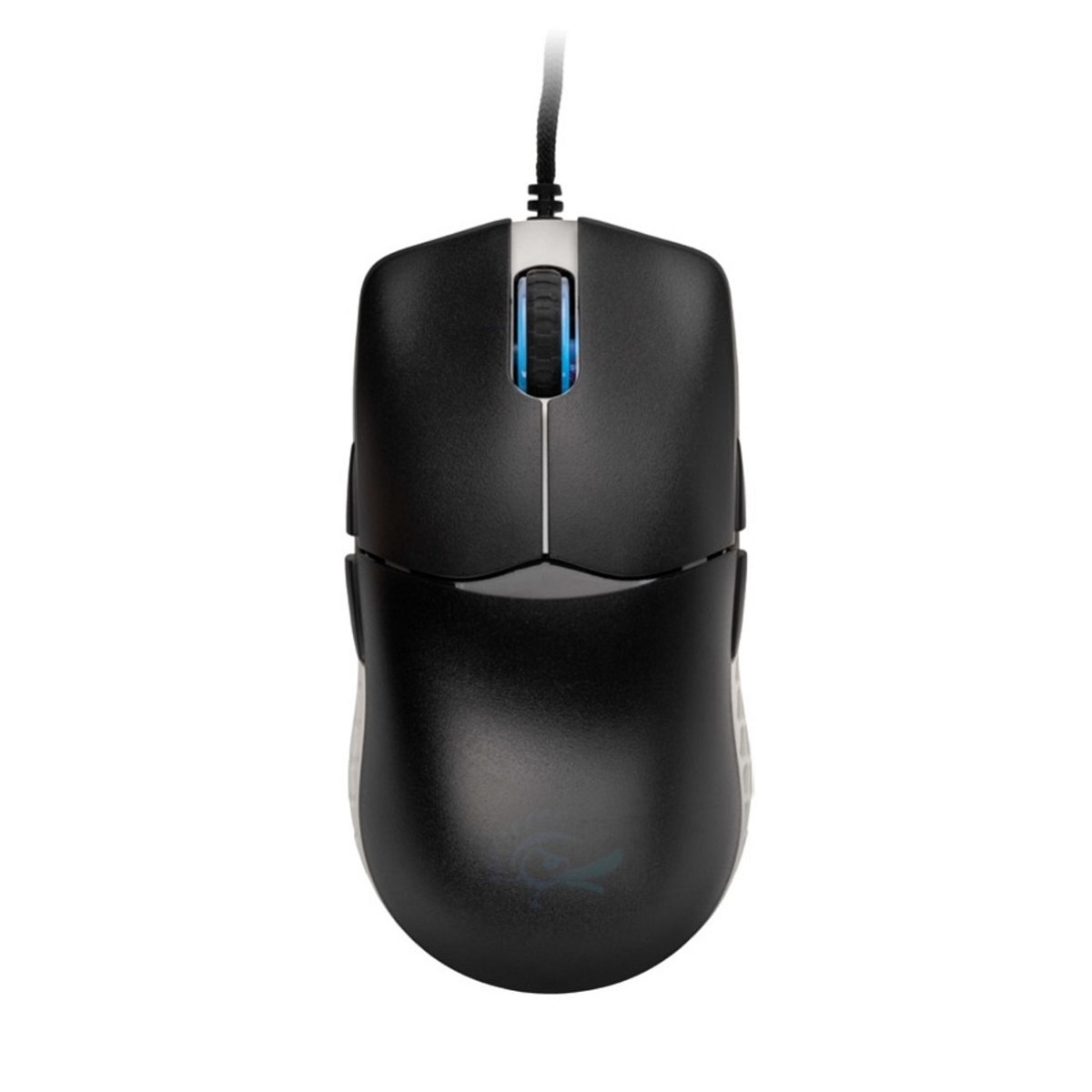 Czarna mysz komputerowa z dwoma bocznymi przyciskami. Ma biały pasek i kabel.
