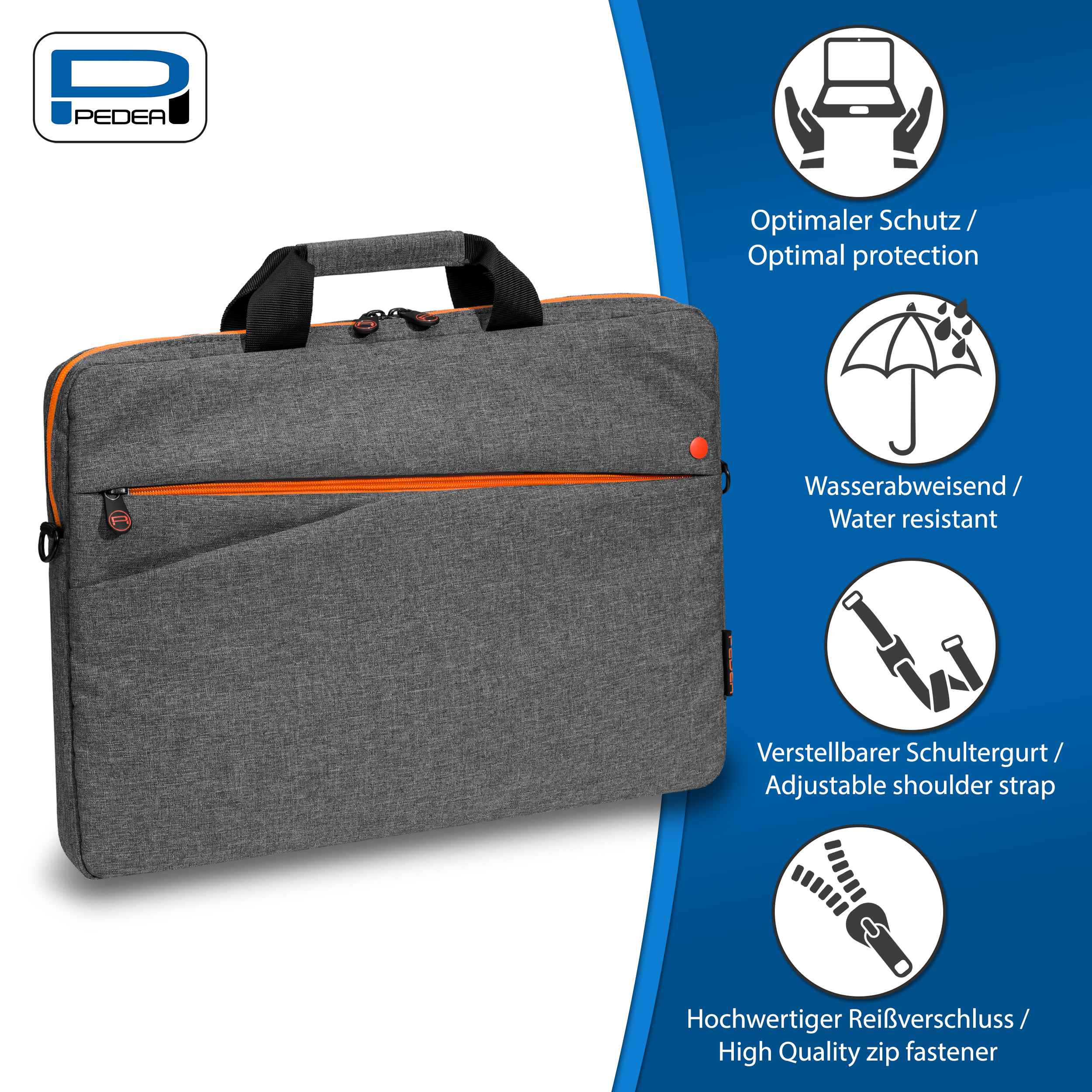 Graue Laptoptasche mit orangefarbenen Akzenten, einem Griff und einem Schultergurt. Es hat Symbole darauf.